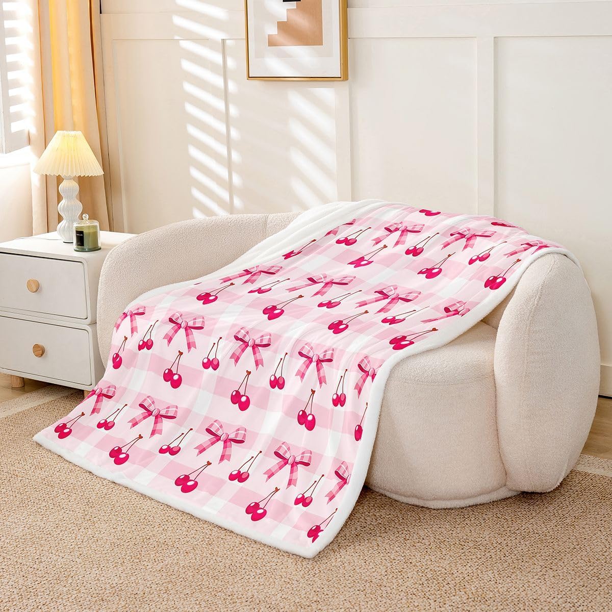 Feelyou Cute Bowknot Sherpa Throw Blanket for Couch Pink Plaid Super Cozy Fleece Red Cherry Blanket for Winter, Plush Throw Kawaii Bow Baby 30"x40" All Season