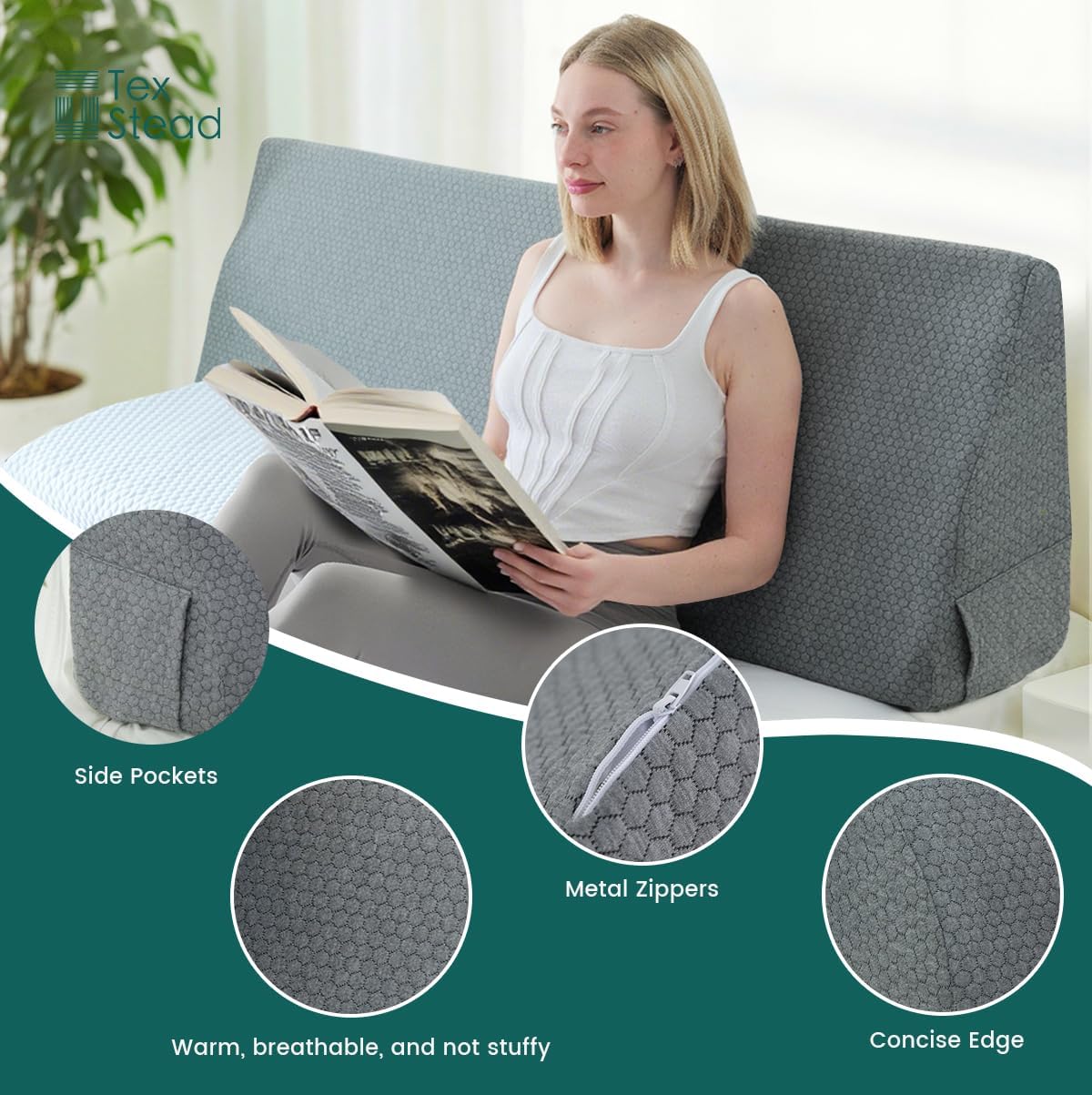 Twin Size Headboard Wedge Pillow with Washable Cover, Ergonomic Incline Memory Foam Cushion Reading Daybed Pillow for Back, Neck, Shoulder Support, Gray(39"x11.8"x19.68")