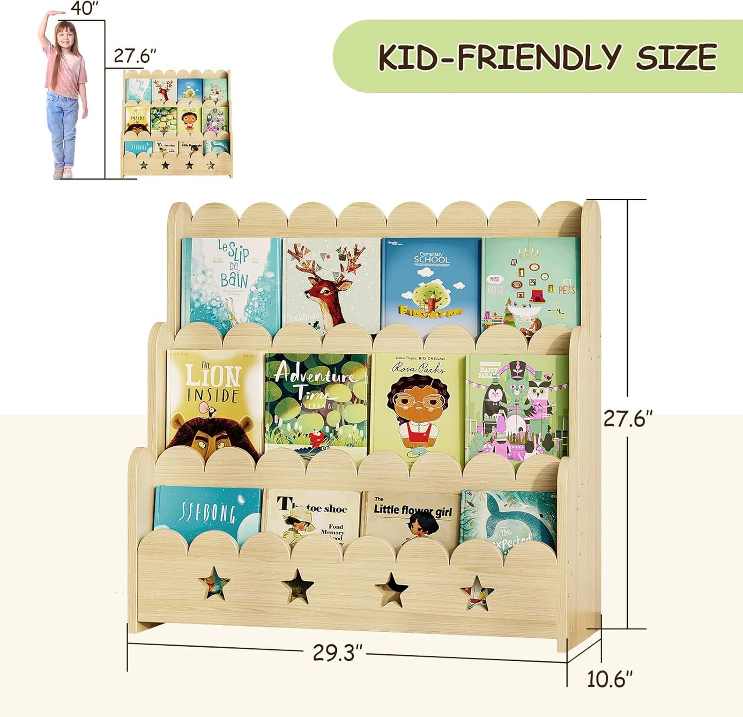 Scalloped Bookshelf for Kids, 3-Tier Front Facing Book Display Shelf, Solid Wood Montessori Bookcase Organizer for Bedroom, Nursery, Playroom & Classroom