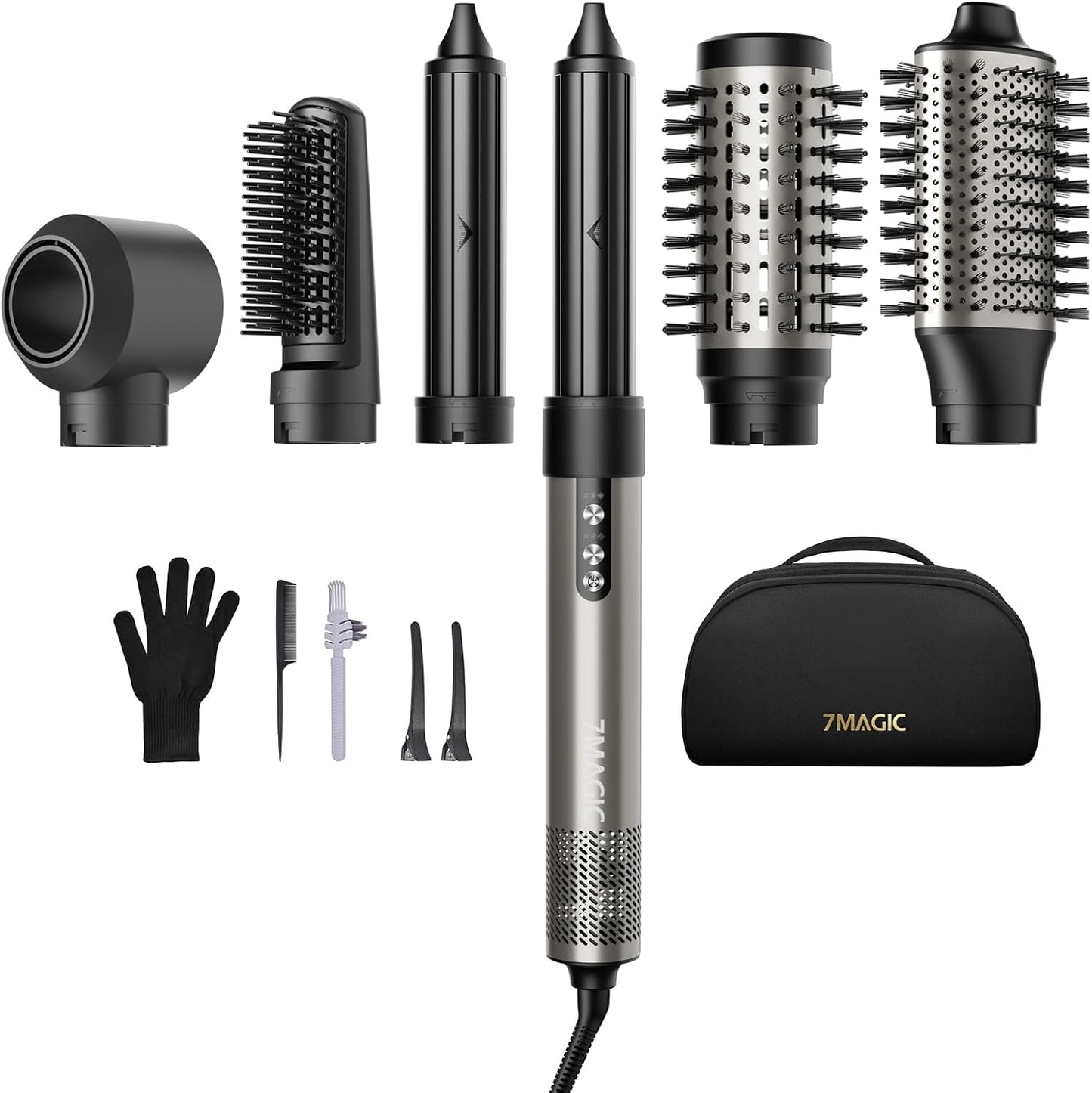 7MAGIC 6 in 1 Multi Hair Styler Dryer Brush, 110,000 RPM High-Speed, Negative Ionic, Fast Drying for Professional Blow Dry, Curling, Volumizing, Straightening and Styling, Silver