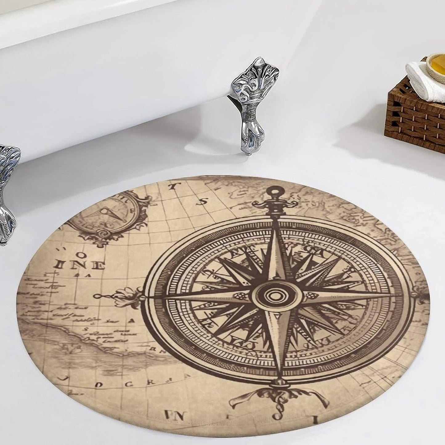 Law of The Compass Navigation Circle Rug Retro Luxury Coral Velvet Floor Mat Non Slip Soft Indoor Floor Carpet Comfy Thickened Area Rugs Modern Aesthetic Minimalist Carpets for Home Decor