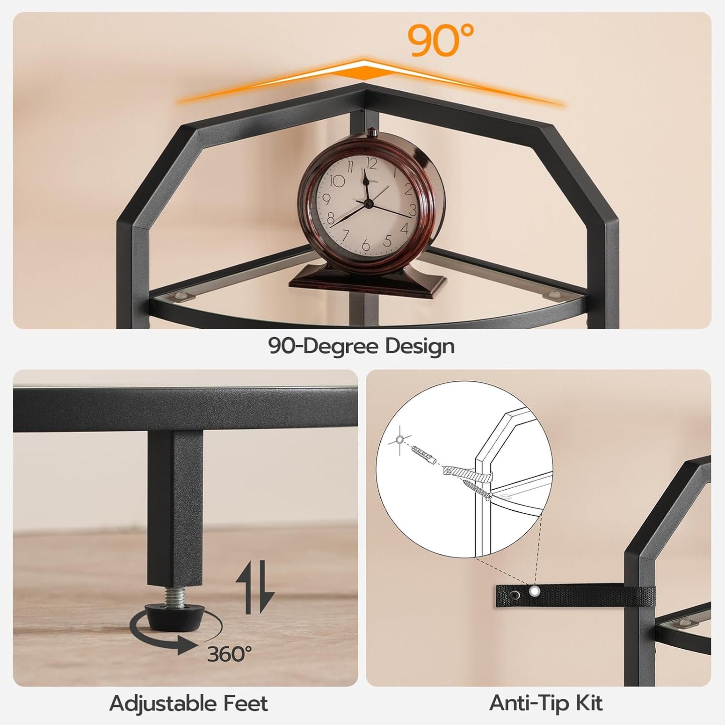 HOOBRO 5-Tier Corner Shelf Stand, Black Corner Bookshelf, Tempered Glass Shelves, Bathroom Organizer, Corner Plant Stand, for Living Room, Study, Balcony, Home Office, Modern Style, Black BK15CJ01