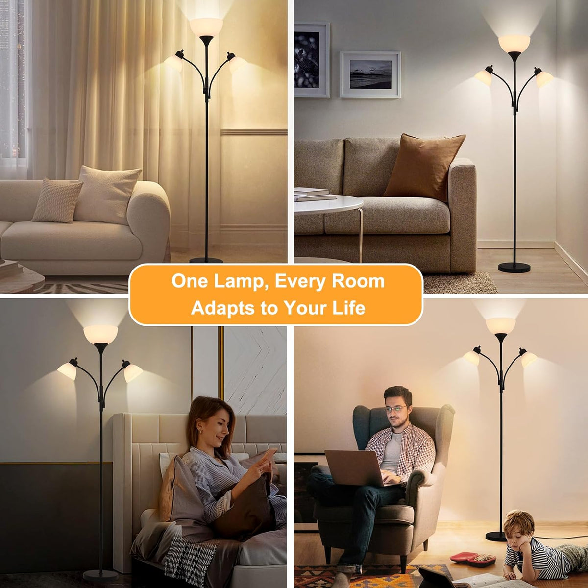 3 in 1 Lamps for Living Room, Floor Lamp with 2 Adjustable Reading Lights, Stepless Dimming Floor Lamps, 3 LED Bulbs Included, Modern Standing Lamp for Bedroom, Office, Home Essentials