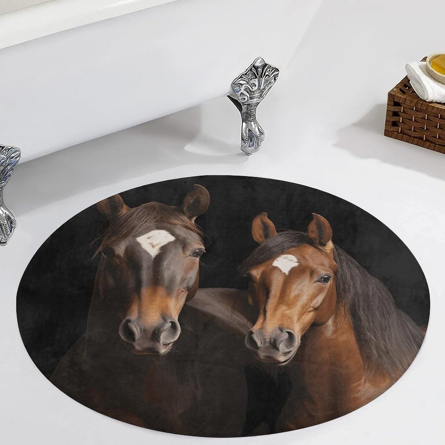 Two Horses Standing on Black Background Circle Rug Retro Luxury Coral Velvet Floor Mat Non Slip Soft Indoor Floor Carpet Comfy Thickened Area Rugs Modern Aesthetic Minimalist Carpets for Home Decor