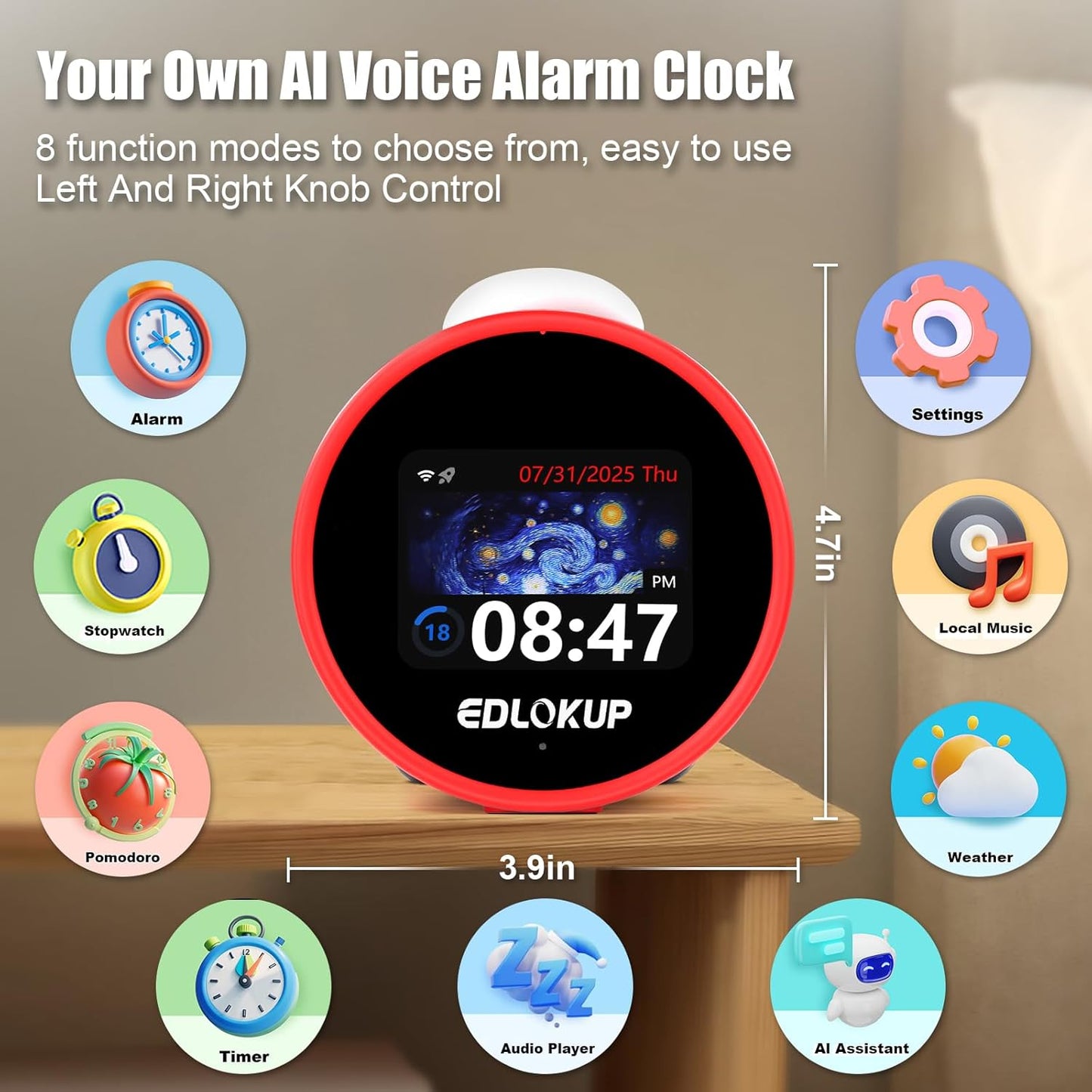 Smart Alarm Clock for Kids, AI Voice Assistant Clock with Chat, Ok to Wake Clock, 12 White Noise Sounds, Sleep Trainer, Time Management Tool, Music Player via TF/MP3 Card, Weather Forecast