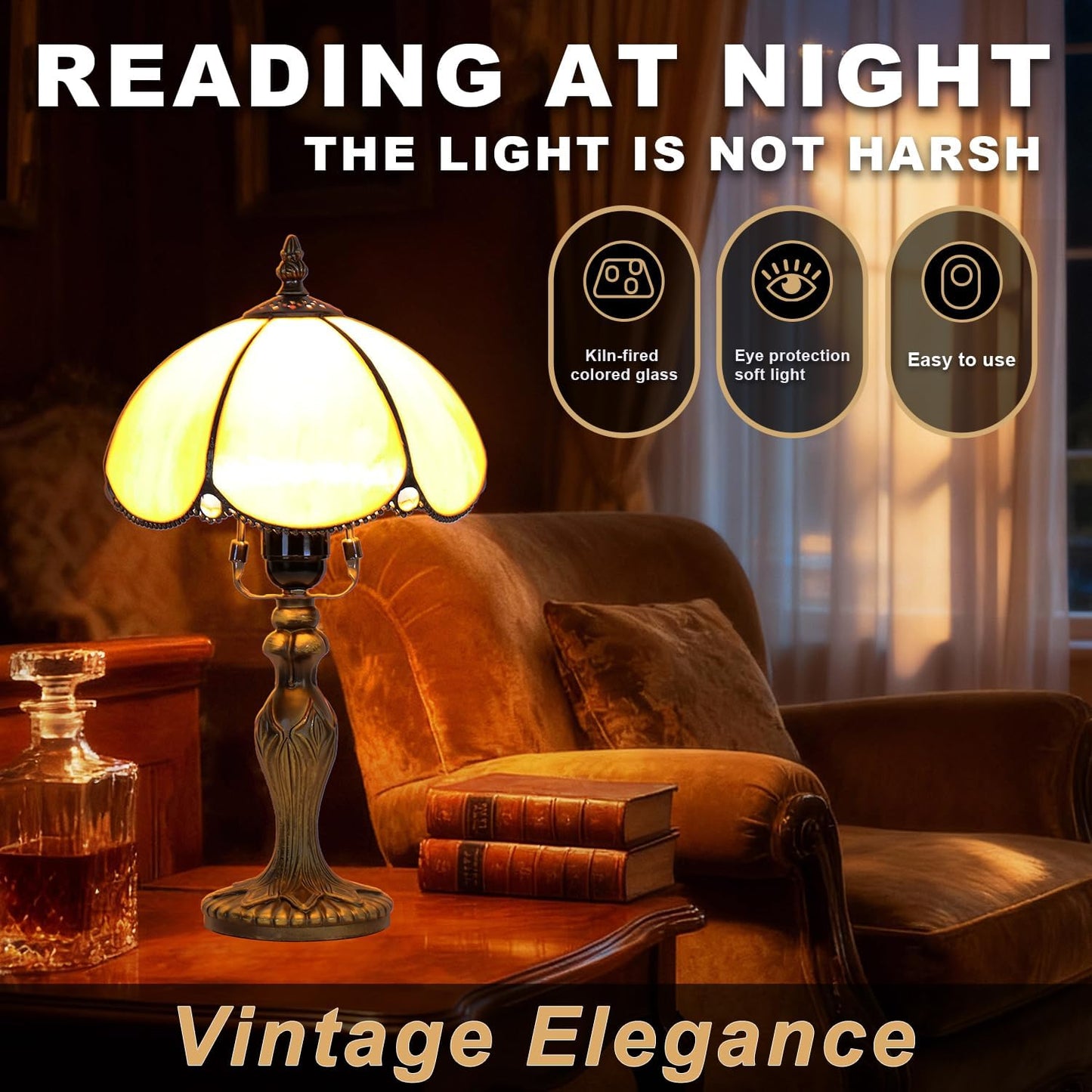 Tiffany Table Lamp, Stained Glass Lamp, Simple European Style, 8 Inch Small Night Light, for Bedroom Living Room Office
