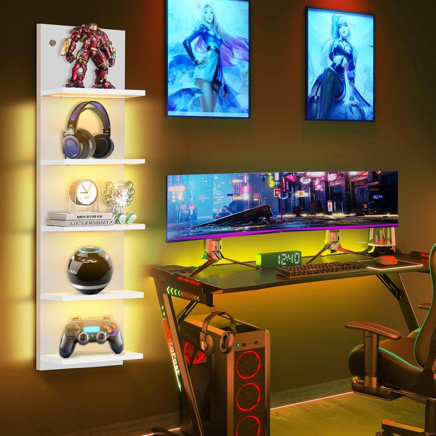 5 Tier Display Shelf Case with Light LED Wall Mount Vertical Lack Shelf with LED Wall Decor Floating Shelves for Bedroom Living Rooms Book Gaming Shelves Supports USB White