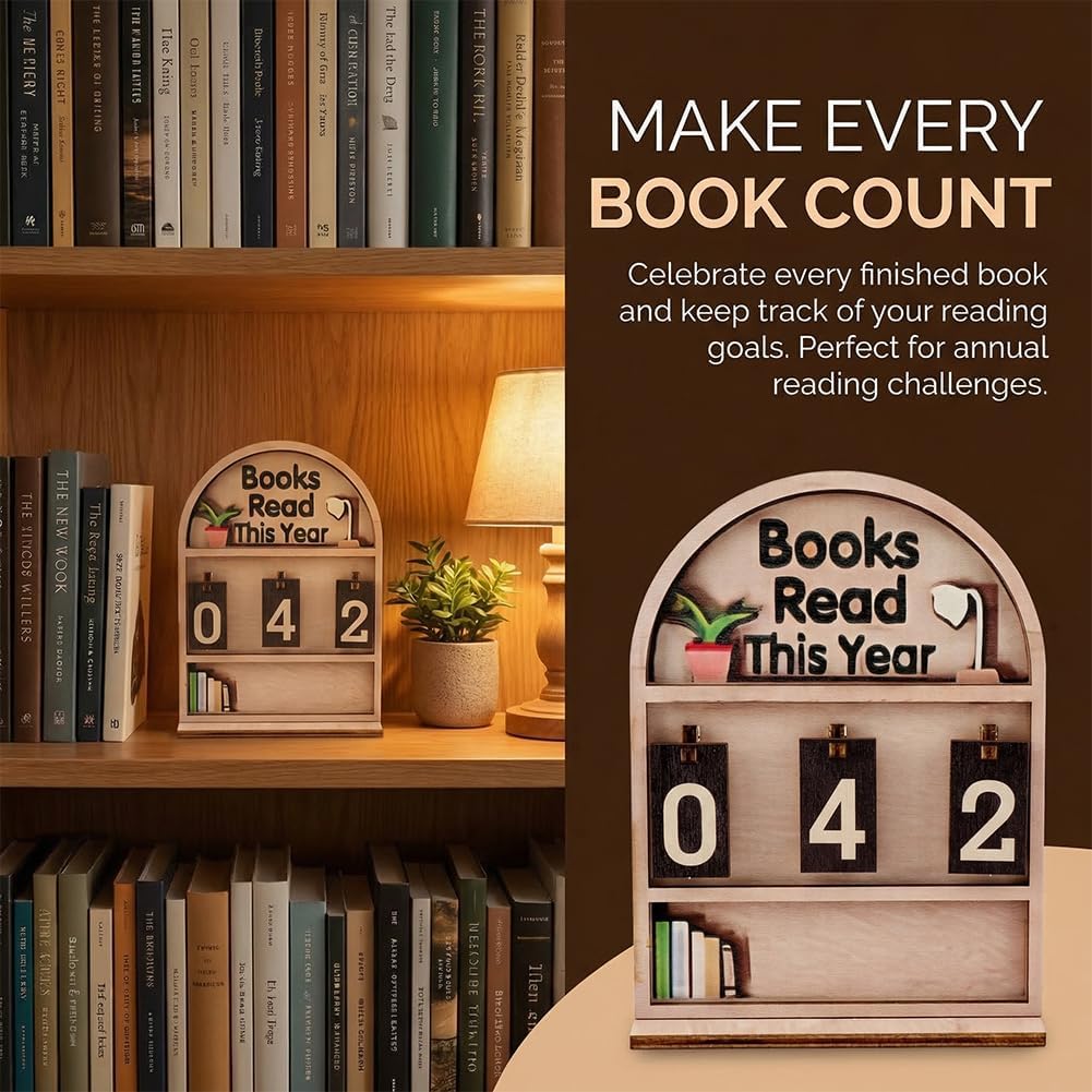 Books Read This Year Counter, Books Read This Year Sign with Stand and Bookmark, Book tracker for Reading Goal Bookshelf Decor, Gift for Teachers, Librarians, Readers(COLOR:wood)