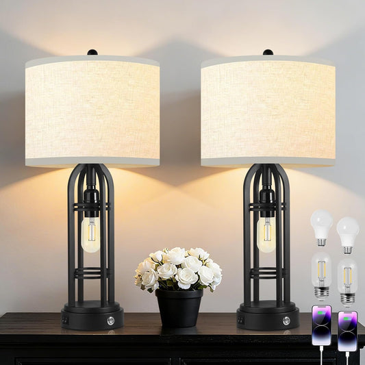 Black Table Lamps Set of 2, Table Lamp with USB Port, 3 Color Temperatures, Stepless Dimming, Bedside Lamps, Bedroom Lamps, Farmhouse Lamps for Living Room(Bulbs Included)