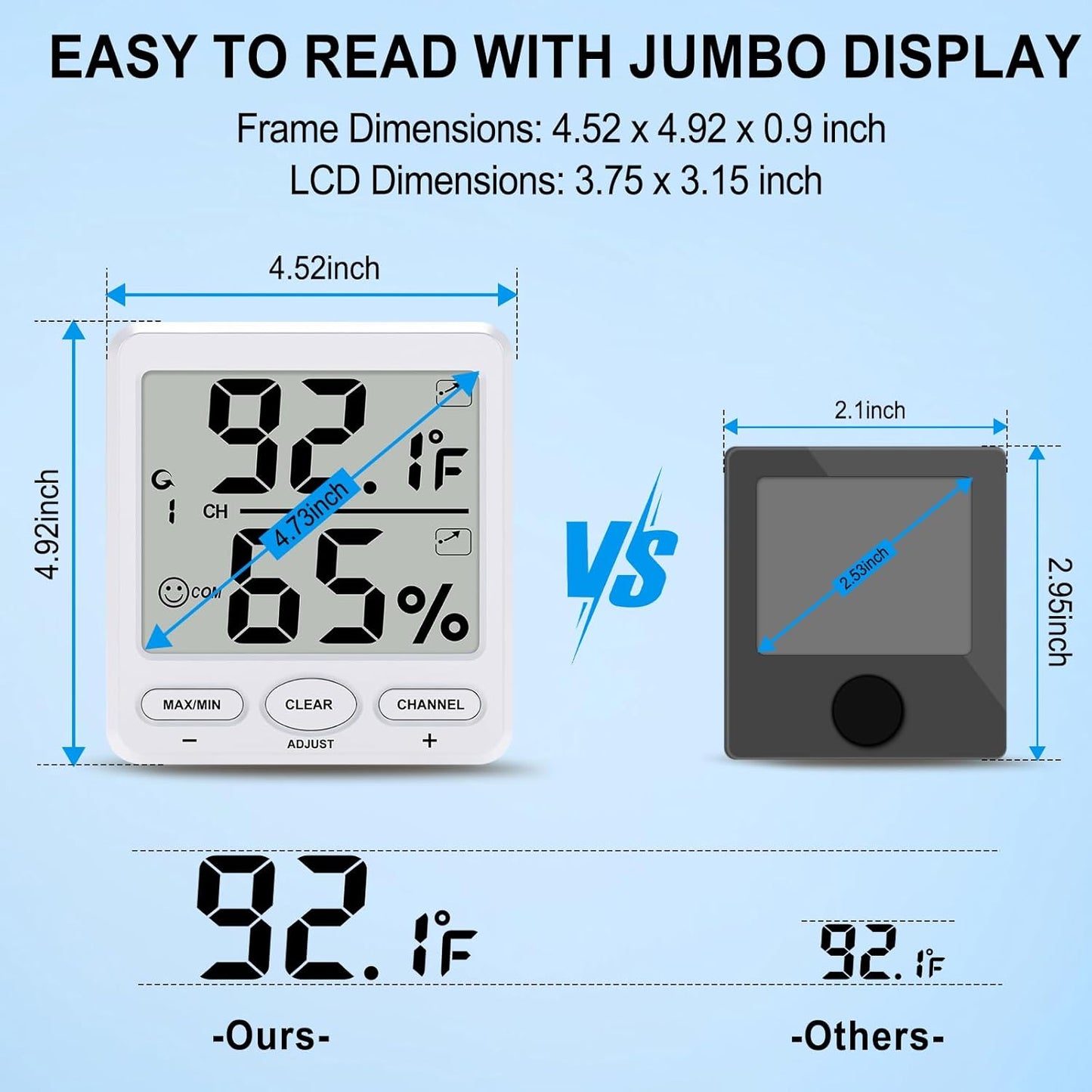 Urageuxy Indoor Outdoor Thermometer Wireless Digital Hygrometer Temperature and Humidity Gauge Monitor with Remote Sensor 4.8 Inches Large Display for Room Greenhouse Garden
