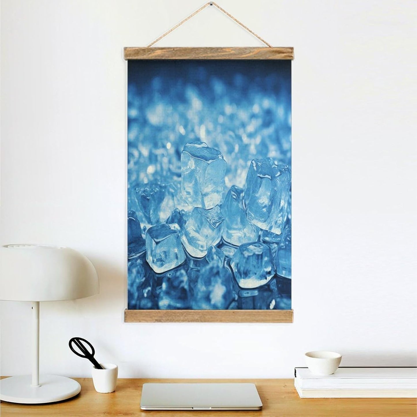Vintage Blue Ice Cube Background Poster with Wooden Frame Personalized Linen Hanging Scroll Painting Rustic Wall Hanging Illustrative Modern Artwork Decor for Home Living Room Bedroom Office
