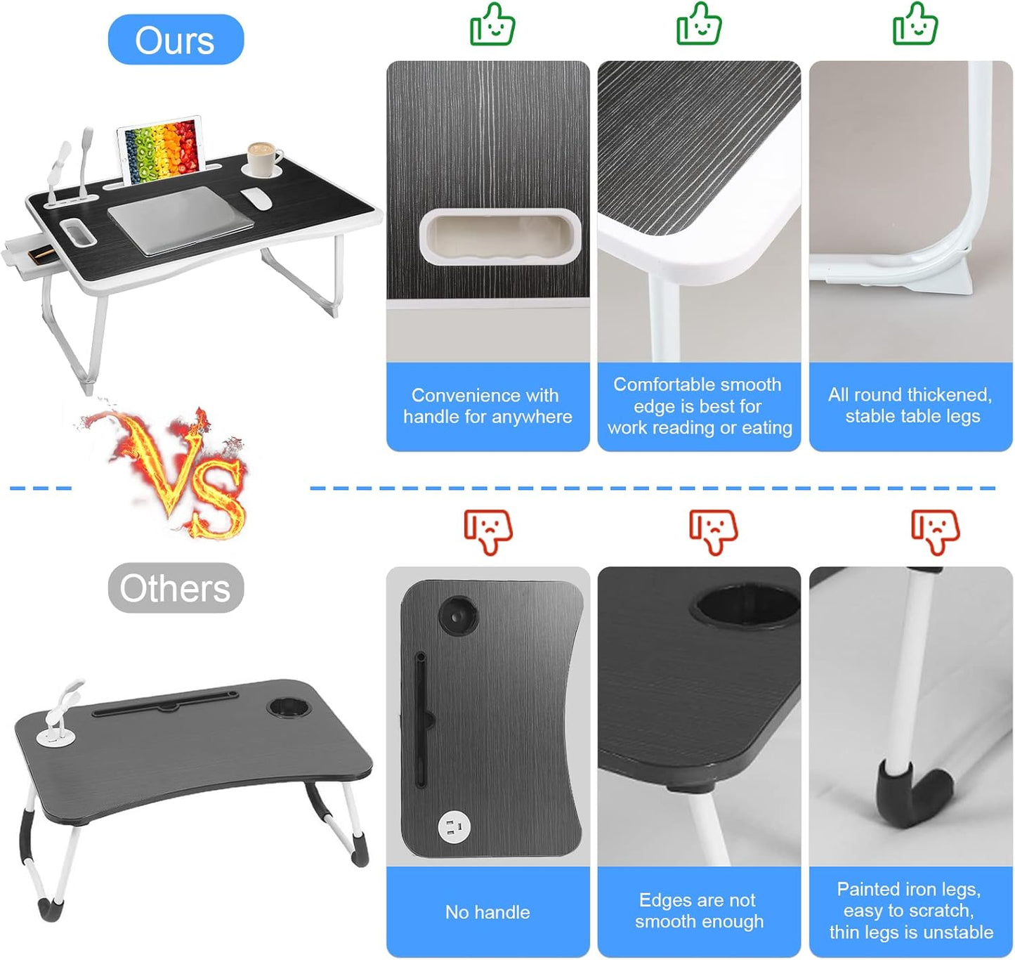 Laptop Bed Table, Lap Desk for Bed, Foldable Laptop Bed Desk with USB Charge Port, Handle, Desktop Card Slot, Cup Slot, Side Drawer, Portable Laptop Table for Bed Eating Reading Working