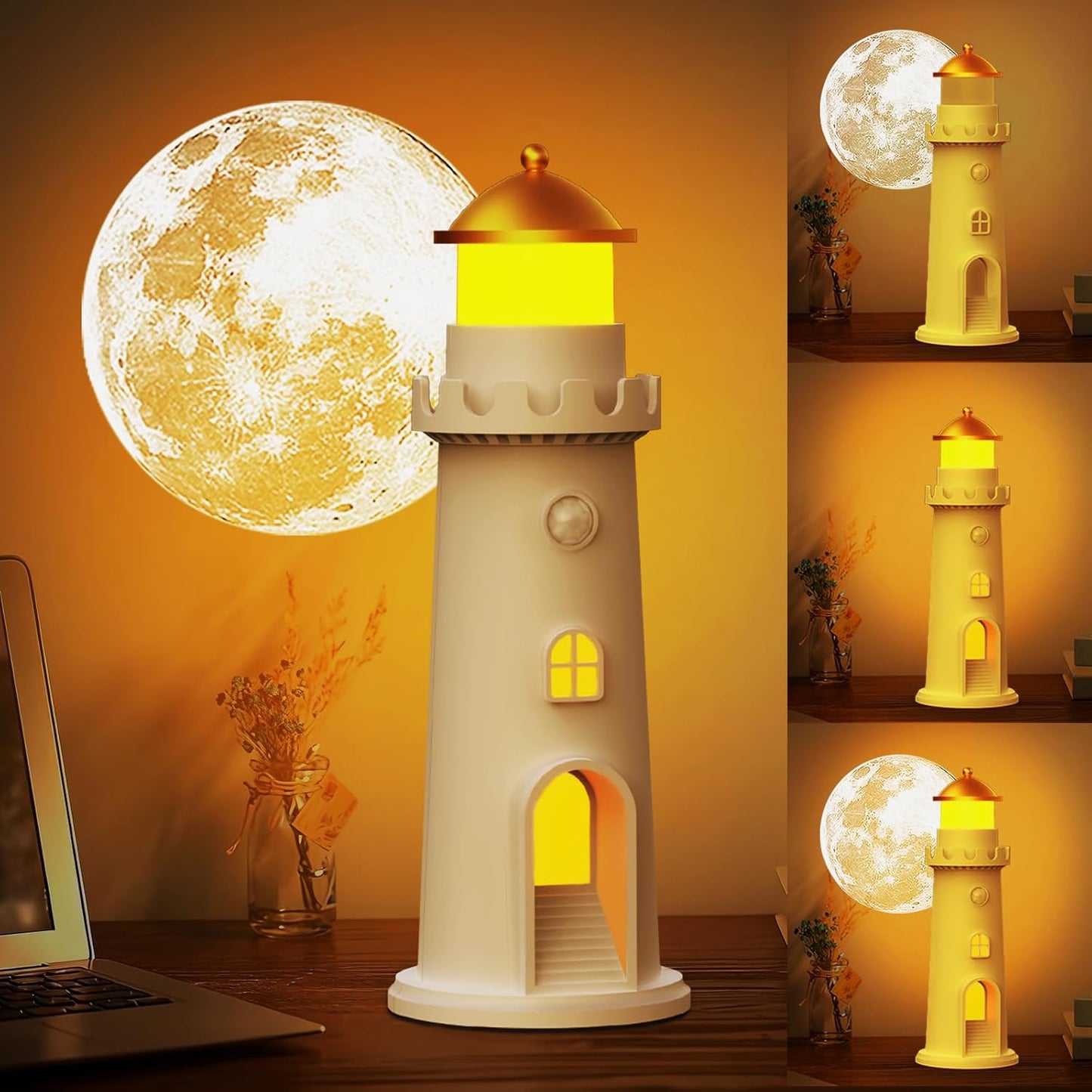 easuntec Moon Projection Night Light Motion Sensor, Rechargeable Dimmable Timer, Moon Lamp Auto On/Off for Bedroom, Nursery, Kids, Adults, Moon Lighthouse Gifts for Girls Boys (Warm White)