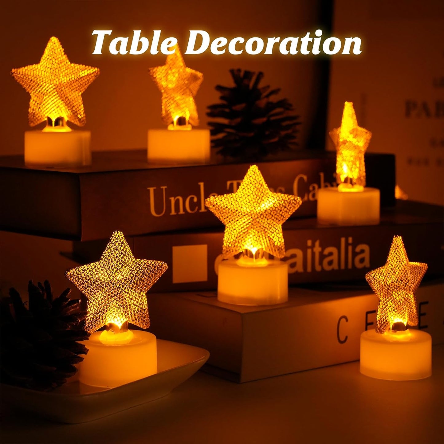 12PCS Star Tea Lights Candles(Ironwork), LED Flameless Candles Battery Operated for Holiday Gifts, Led MINI Electric Faker Votive Tealight Candles for Desk, Birthday Decorations (Star, 12)