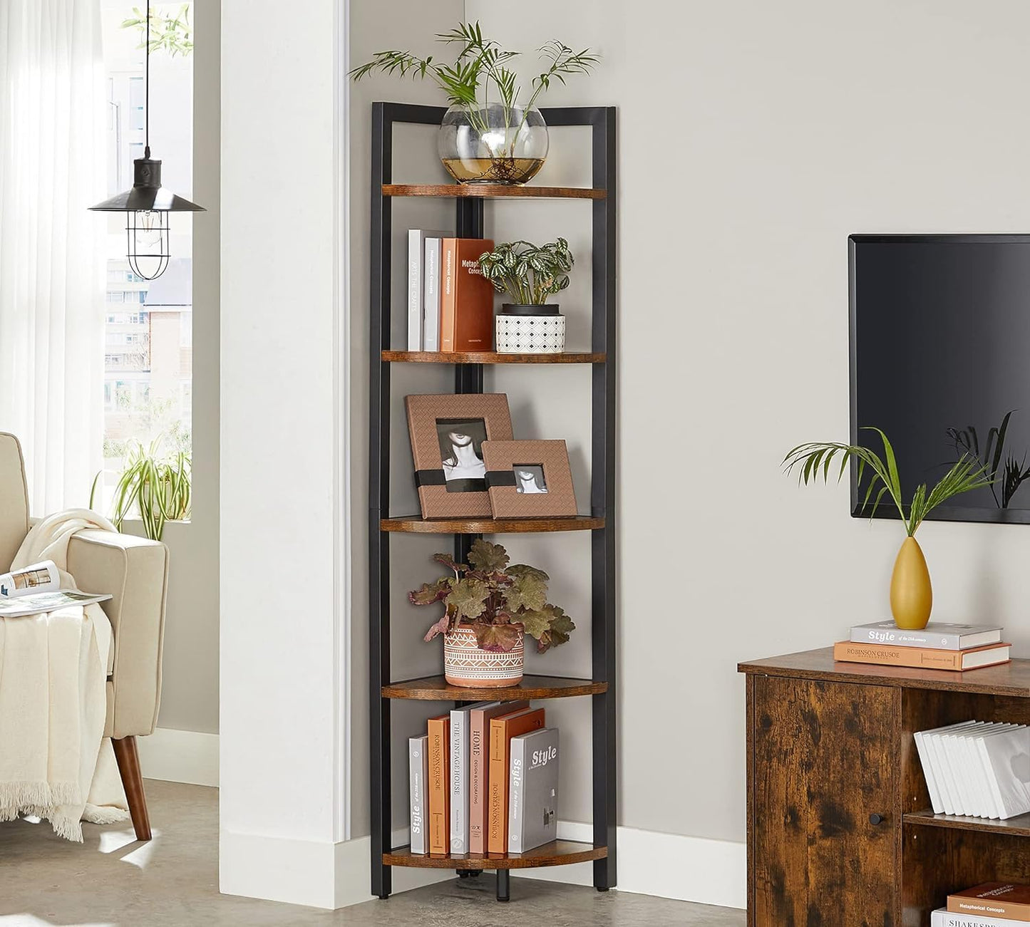 VASAGLE Corner Shelf, 5 Tier Bookshelf, Tall Corner Storage Shelves, Plant Stand for Living Room, Bedroom, Bathroom, Home Office, Rustic Brown and Black ULLS803B01