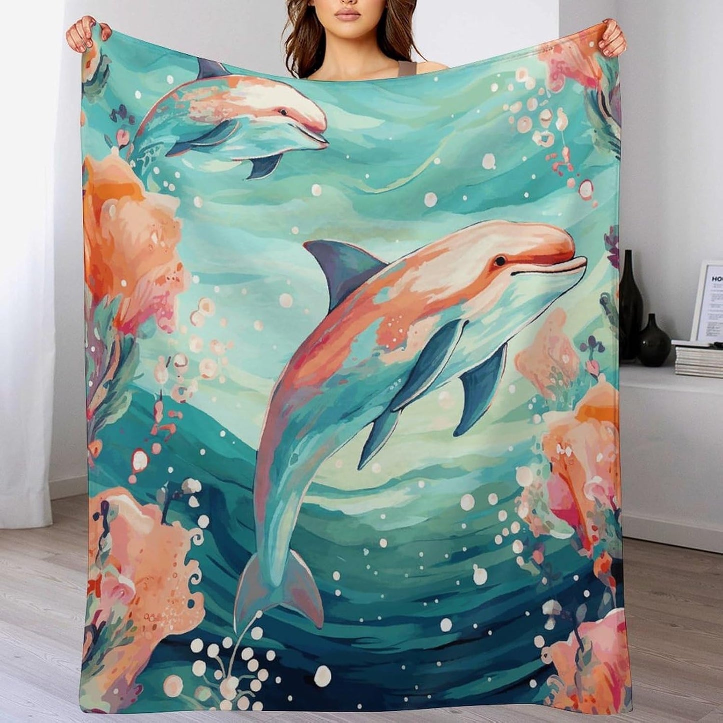 Lovely Dolphins Throw Blanket for Couch Super Soft Warm Lightweight Throw Blankets Cozy Flannel Bed Blanket Cute Decorative Blankets for All Seasons Home Decor Gift 50"*60"（130 * 150cm）
