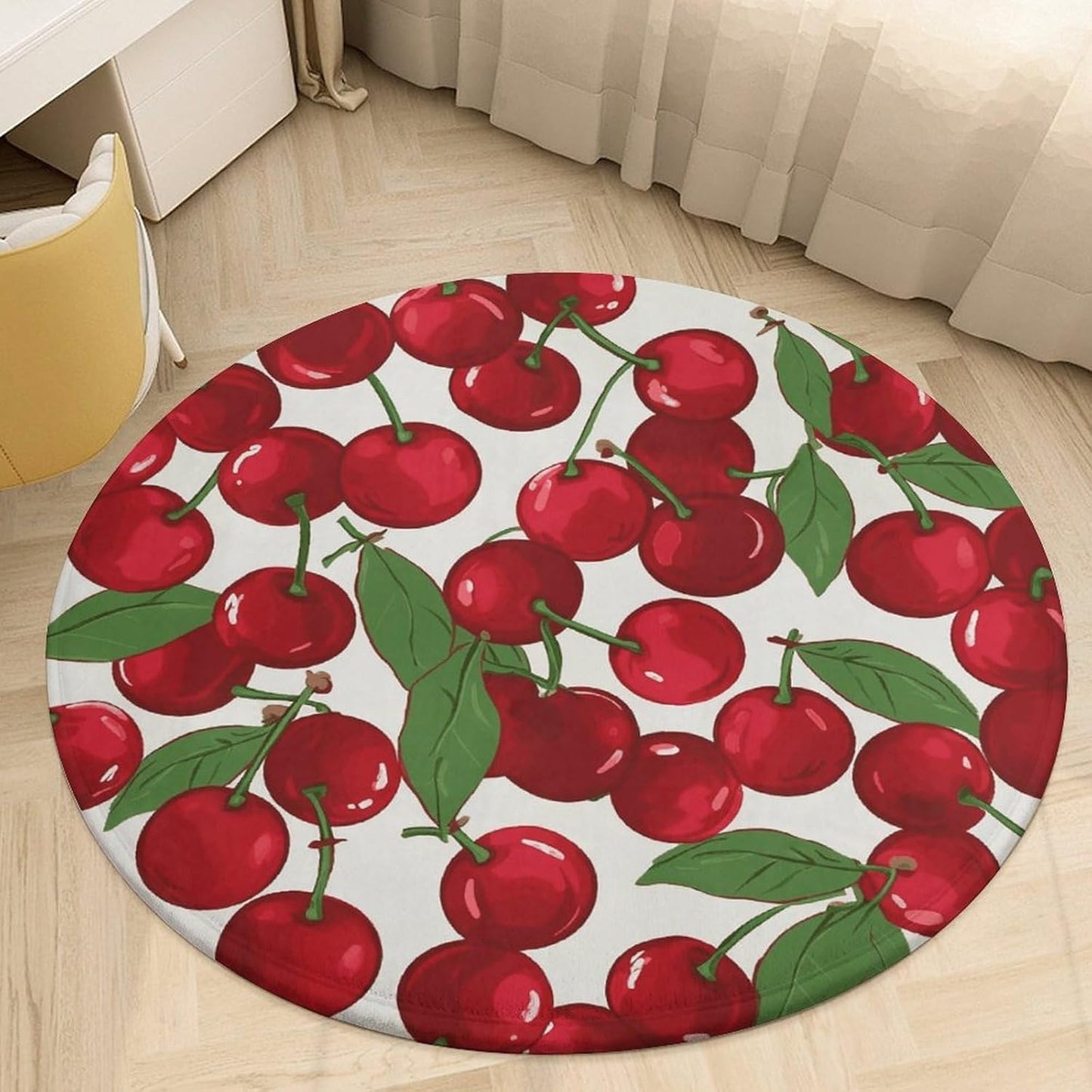 Red Cherries Circle Rug Retro Luxury Coral Velvet Floor Mat Non Slip Soft Indoor Floor Carpet Comfy Thickened Area Rugs Modern Aesthetic Minimalist Carpets for Home Decor