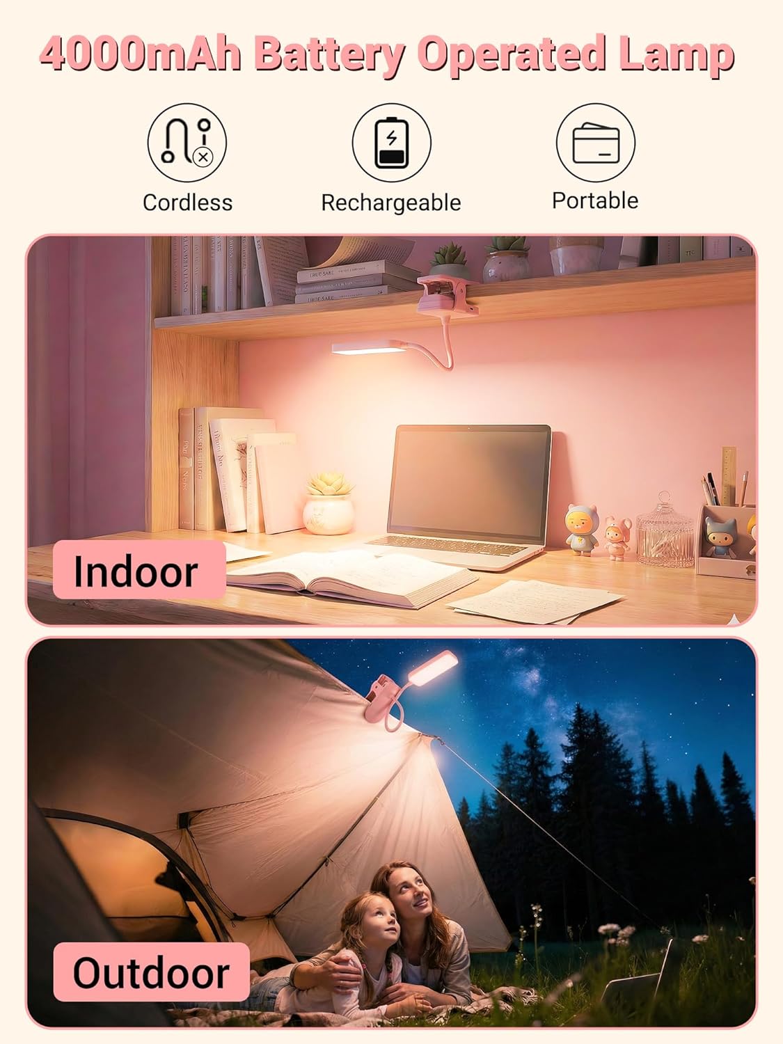 Pink Desk Lamp with Clamp Light,9 Brightness+5 Color Clip on Light,4000mAh Battery Rechargeable Desk Lamp Cute,48 LED Desk Light,Cordless Small Clip on Reading Light for Bed/Headboard/Bedside Table