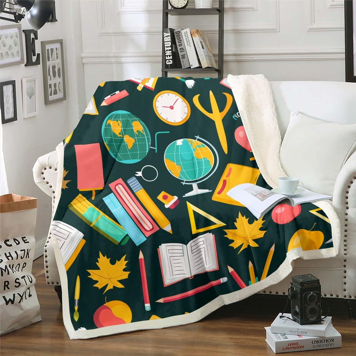 Erosebridal School Supplies Throw Blanket Drawing Board Paintbrush Fleece Blanket,Students School Study Blanket Fine Arts.Themed Blanket 50"x60",Globe Crayon Compasses Set Square Dorm Room Decor
