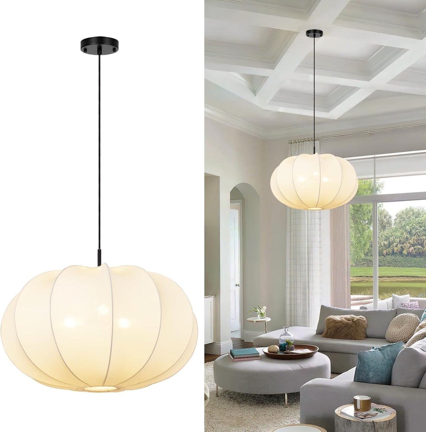 24 Inch Modern Chandelier with Stretch Linen Shade, Adjustable Height Pendant Light for Dining Room, Kitchen Island, Living Room, and Entryway Ceiling Light Fixtures