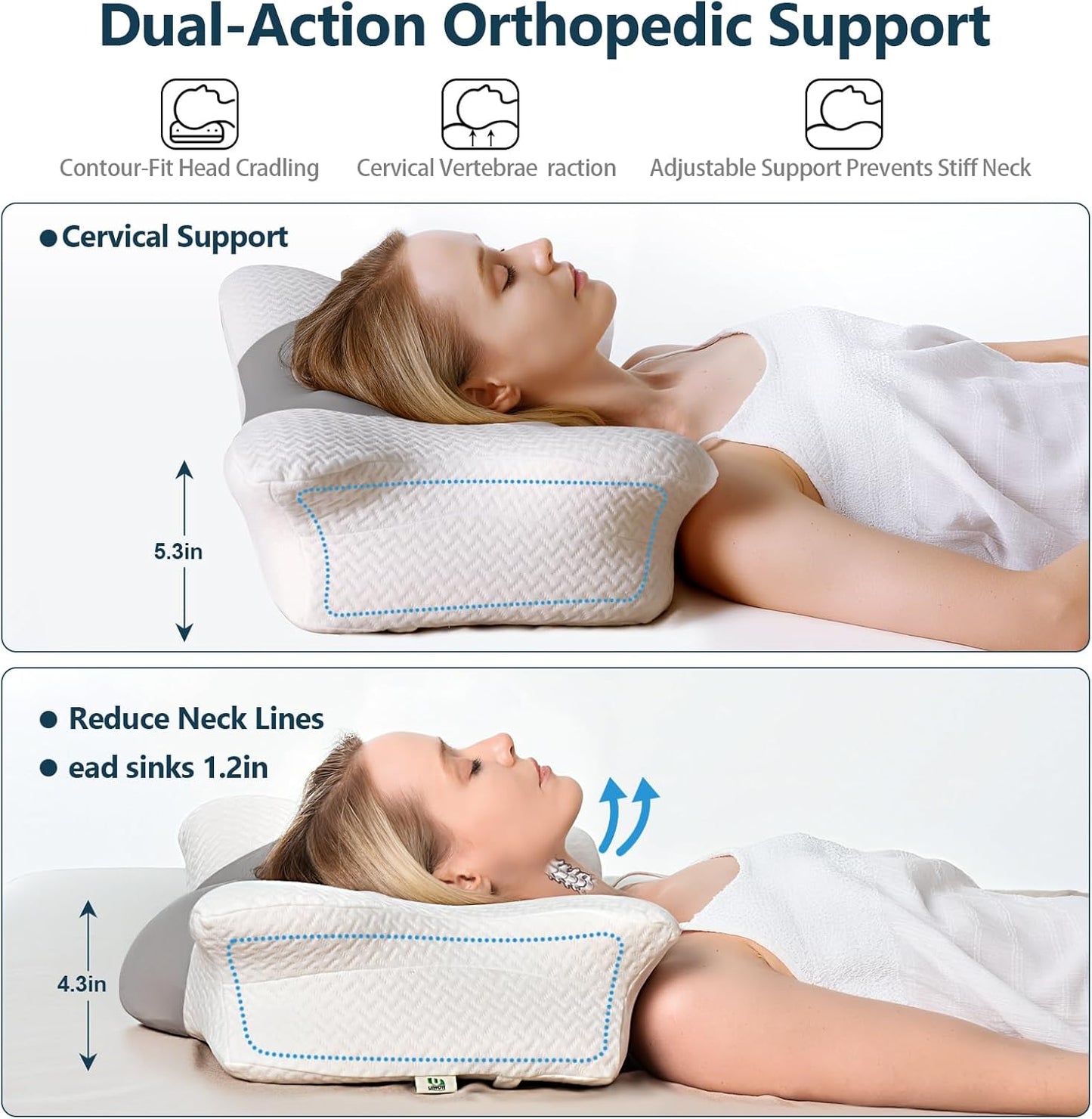 Cervical Neck Pillow for Sleeping, Adjustable Ergonomic Pillow, Contour Neck Support Side Sleeper Pillows for Adults, Memory Foam Pillow for Neck and Shoulder Pain Relief, Back,Stomach Sleeper