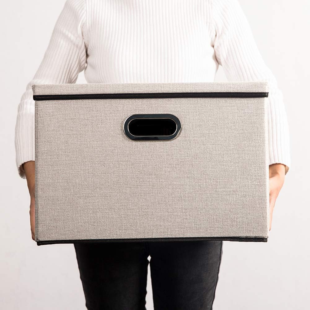PRANDOM Large Foldable Storage Bins with Lids [3-Pack] linenFabric Decorative Storage Boxes Organizer Containers Baskets Cube with Handles Divider for Bedroom Closet Office Light Grey(17.7x11.8x11.8)