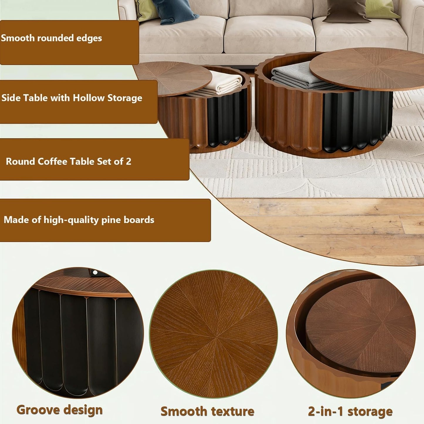 Fluted Round Nesting Coffee Table Set of 2, with Storage Mid Century Modern Wood Coffee Tables,Circle Side Table Minimalist Center Tables for Living Room, Office (A1)