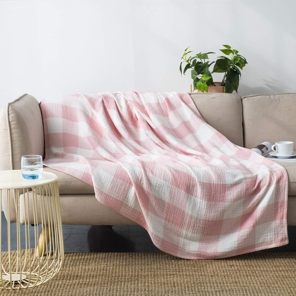 Cotton Muslin Throw Blanket with Buffalo Check Pattern, Vintage Indoor and Outdoor Use, Reversible and Breathable Fabric for Yard Picnics, 47" x 60" Bedding or Chair Cover, Pink