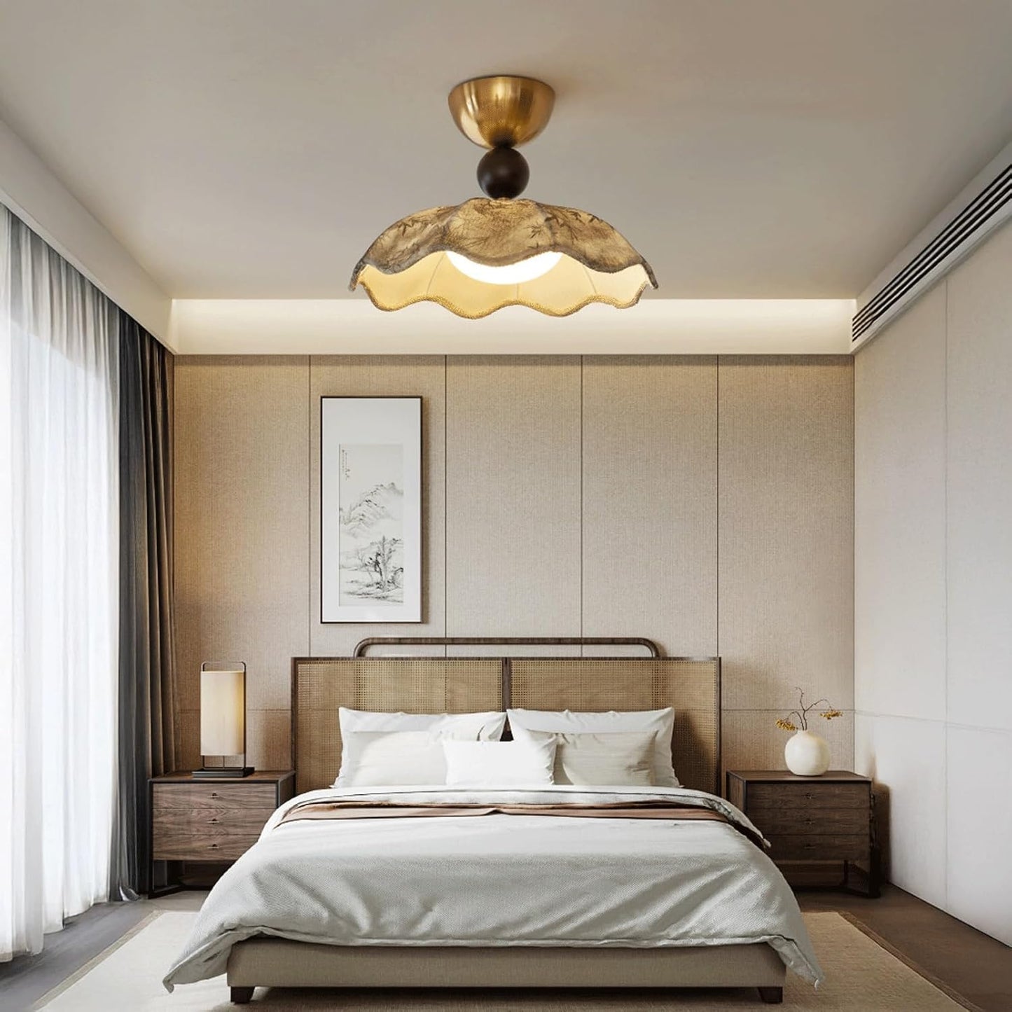 Ceiling Light Modern Metal Base Fabric Shade Flush Mount Ceiling Lamp LED Vintage Flush Mount Light for Bedroom Study Room Living Room Interior Home Decor Fixture Close to Ceiling Lighting