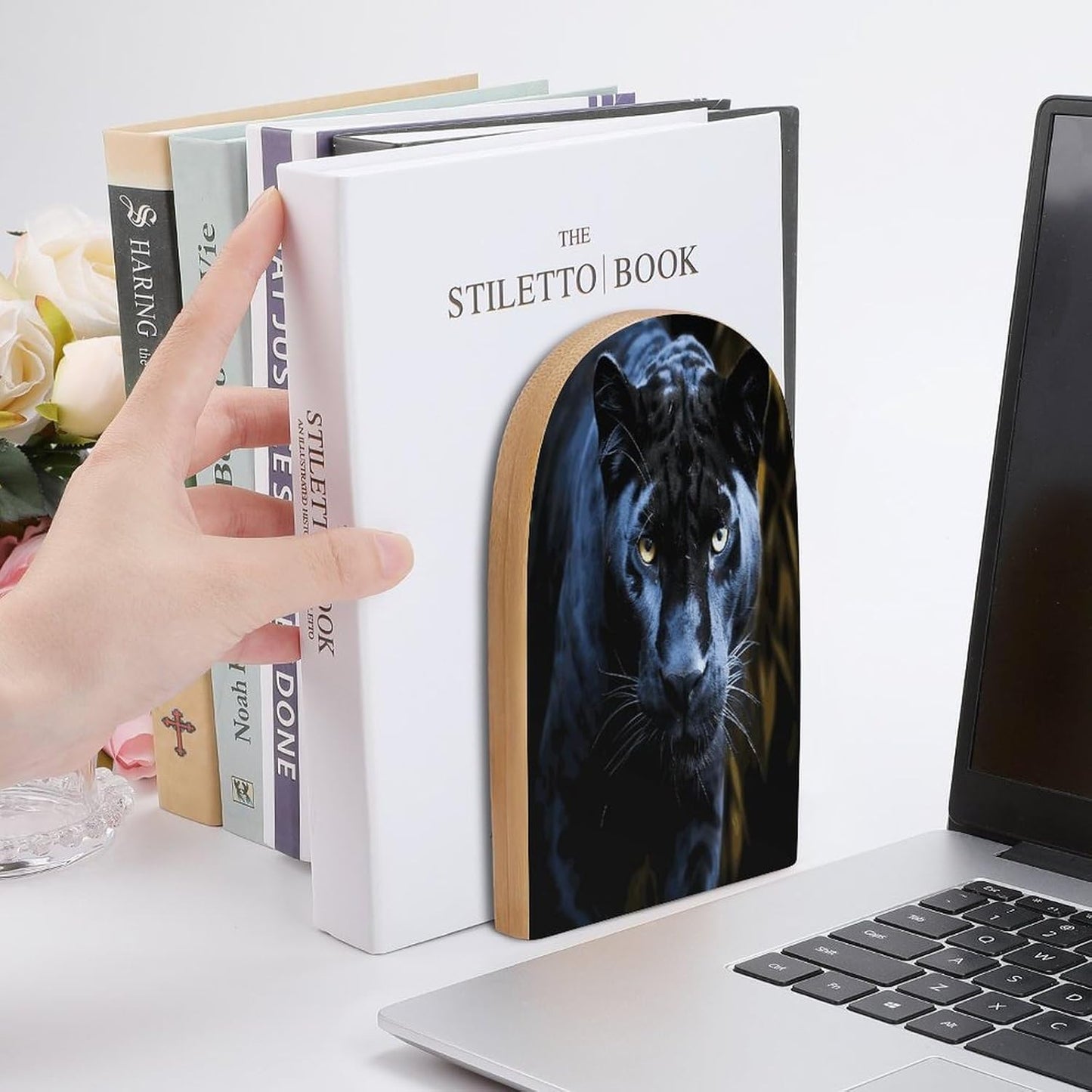 Panther with Blue Eyes Bookend for Shelves Wooden Book End Large Size Sturdy Book Holders Stoppers with Metal Base for Bookshelves Slick Decorative Bookends Stands