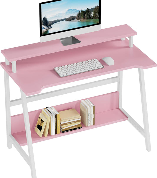 ALISENED 31.5 Inch Small Office Desk with Storage, Small Desk for Small Spaces, Compact Home Office Desk, Mini Study Desk for Bedroom, Pink