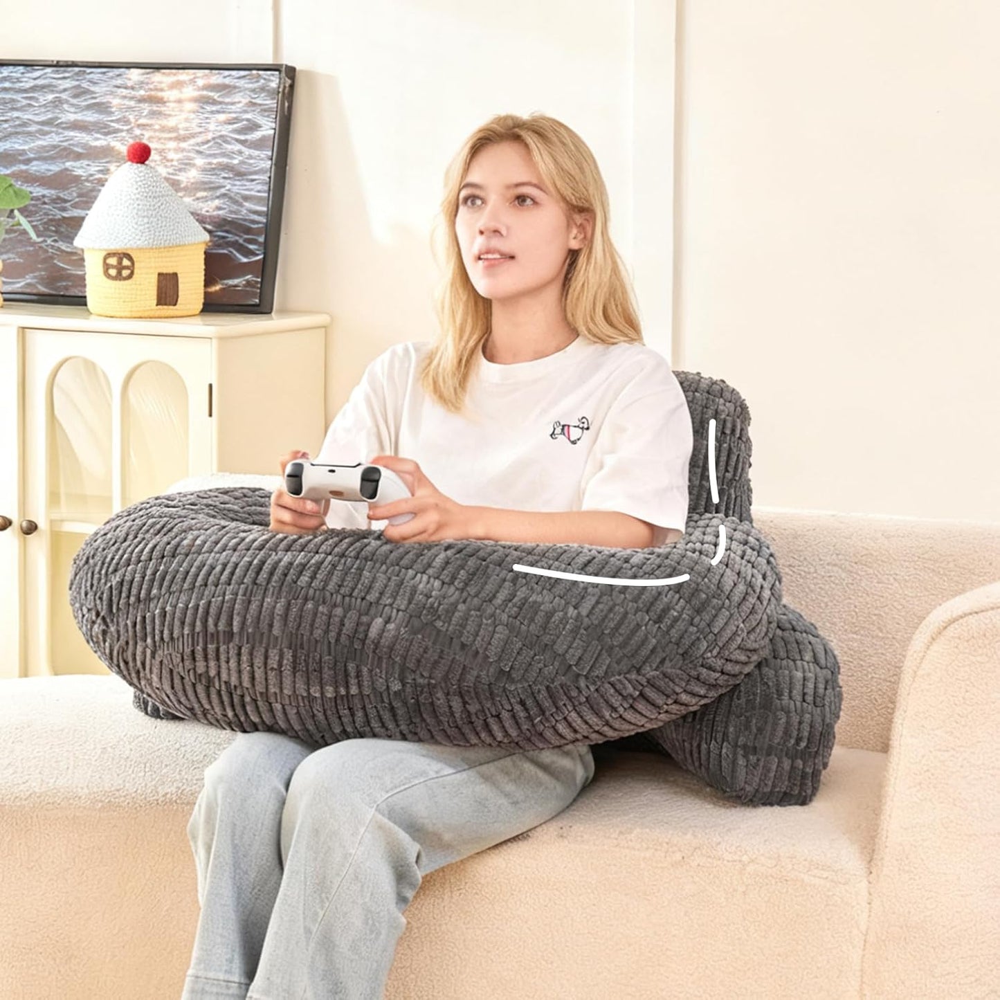 Back Pillow for Bed Sitting Up,U Shaped & Back Support Pillow for Bed,19" Backrest with Lumbar&Arm Support,Comfy Corduroy Fabric,Lap Pillow for Gaming/Reading/Watching TV,Grey