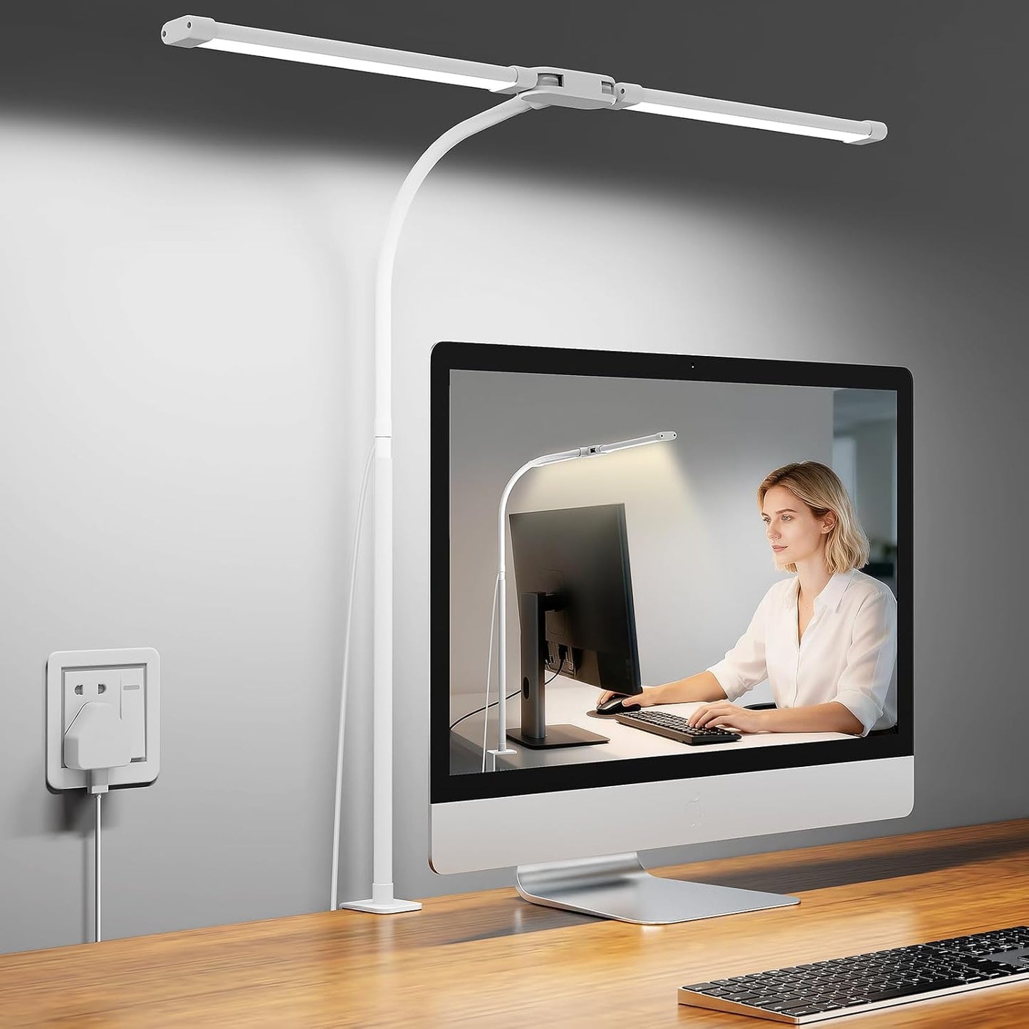 Desk Lamp with Clamp, with 5V 2A Adapter, LED Desk Lamp with Dual Head, 50 Light Modes, Computer Monitor Flexible Neck Lamp, Eye Protection Desk Lamps for Study, Office, Crafts, Draw(White)