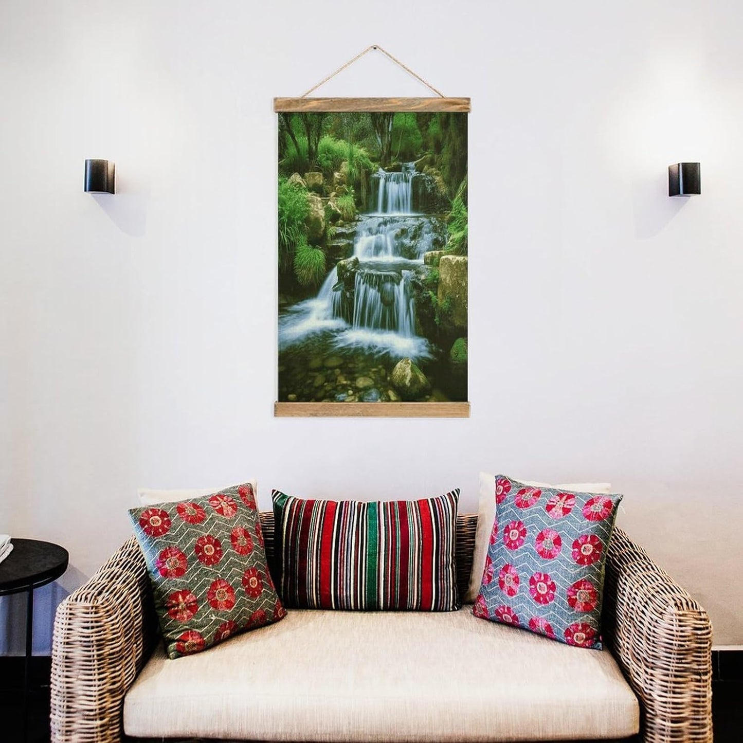 Vintage Waterfall Flowing Down Poster with Wooden Frame Personalized Linen Hanging Scroll Painting Rustic Wall Hanging Illustrative Modern Artwork Decor for Home Living Room Bedroom Office