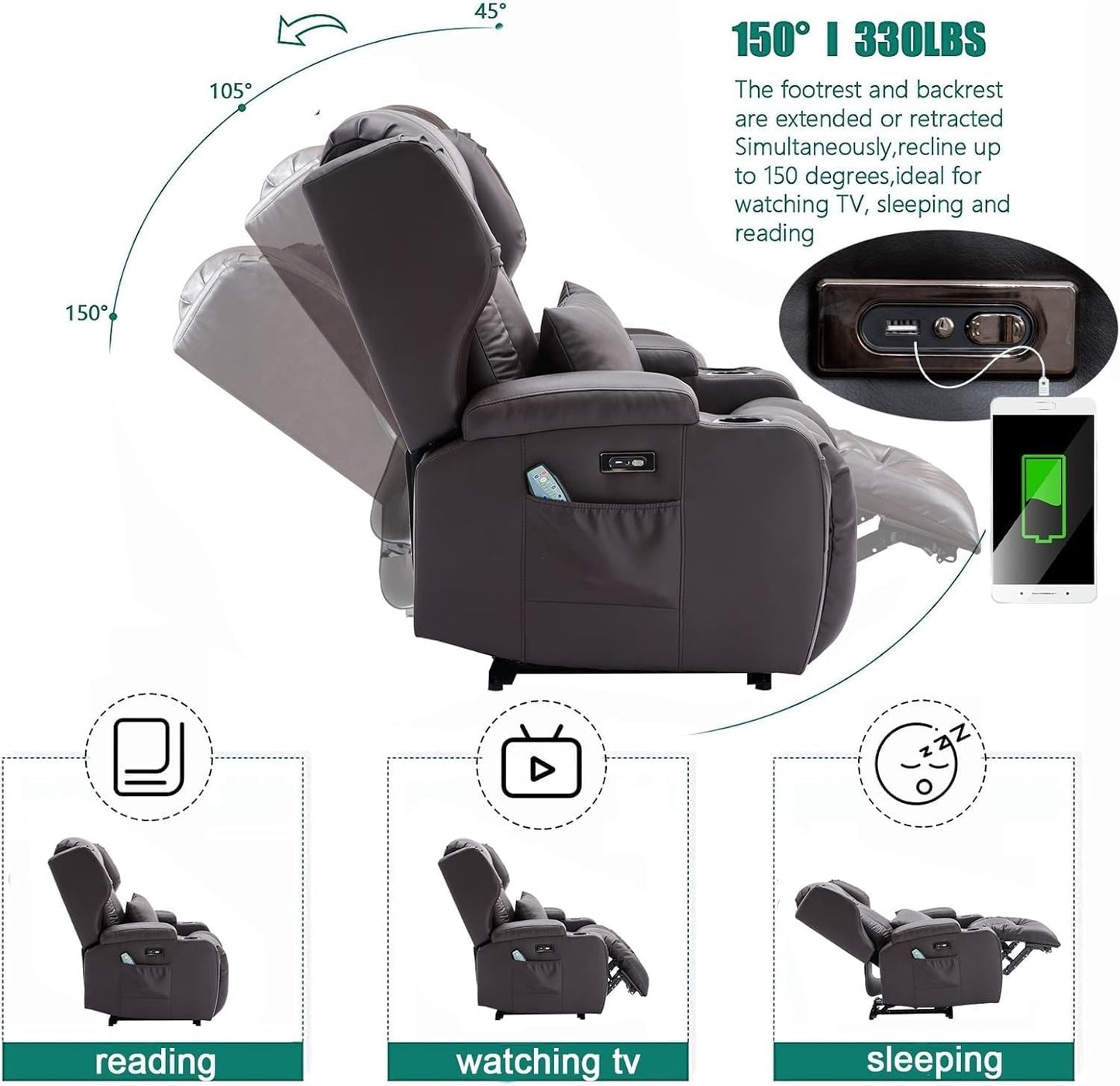 Power Lift Recliner Chair for Elderly, Electric Recliner Sofa with Heat and Massage, PU Leather Power Recliner Chair with USB Port, Cup Holders, Adjustable Reclining Chair