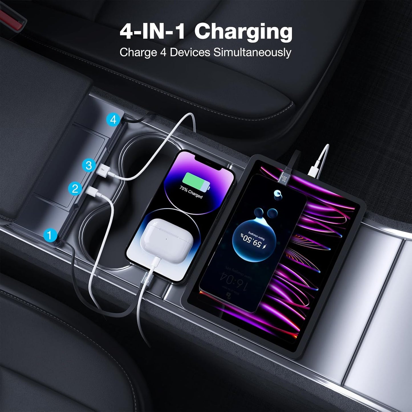 Retractable Center Console USB Hub for Tesla Model 3 Model Y 2021 2022 2023 2024, THELIFELICIOUS Interior Accessories Car Phone Charger, Fast Charging Docking Station