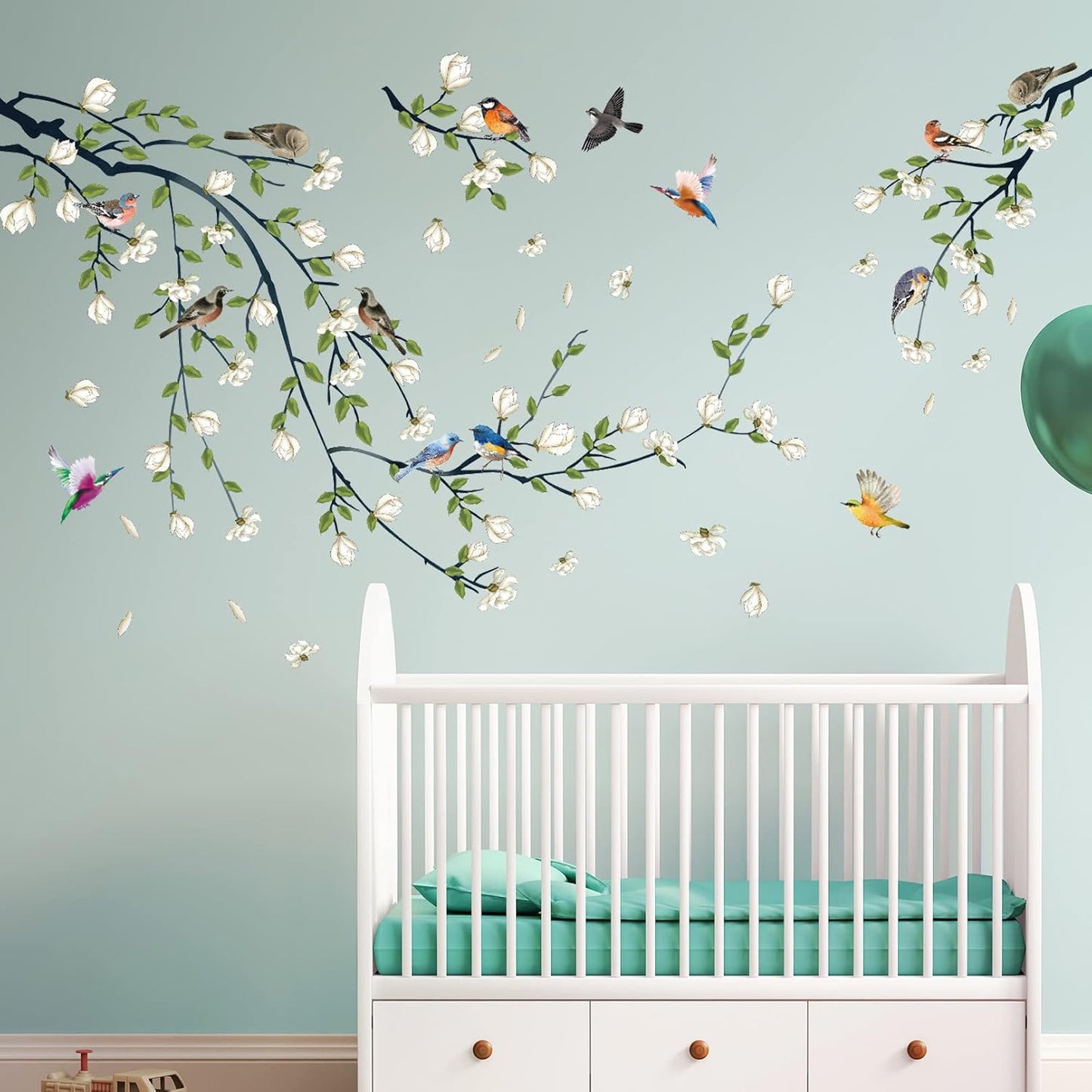 Green Vine Wall Decal White Flowers and Birds on Branch Natural View Wall Sticker DIY Detachable Peel and Stick Wall Art Mural for Living Room Bedroom offcie Home Decor