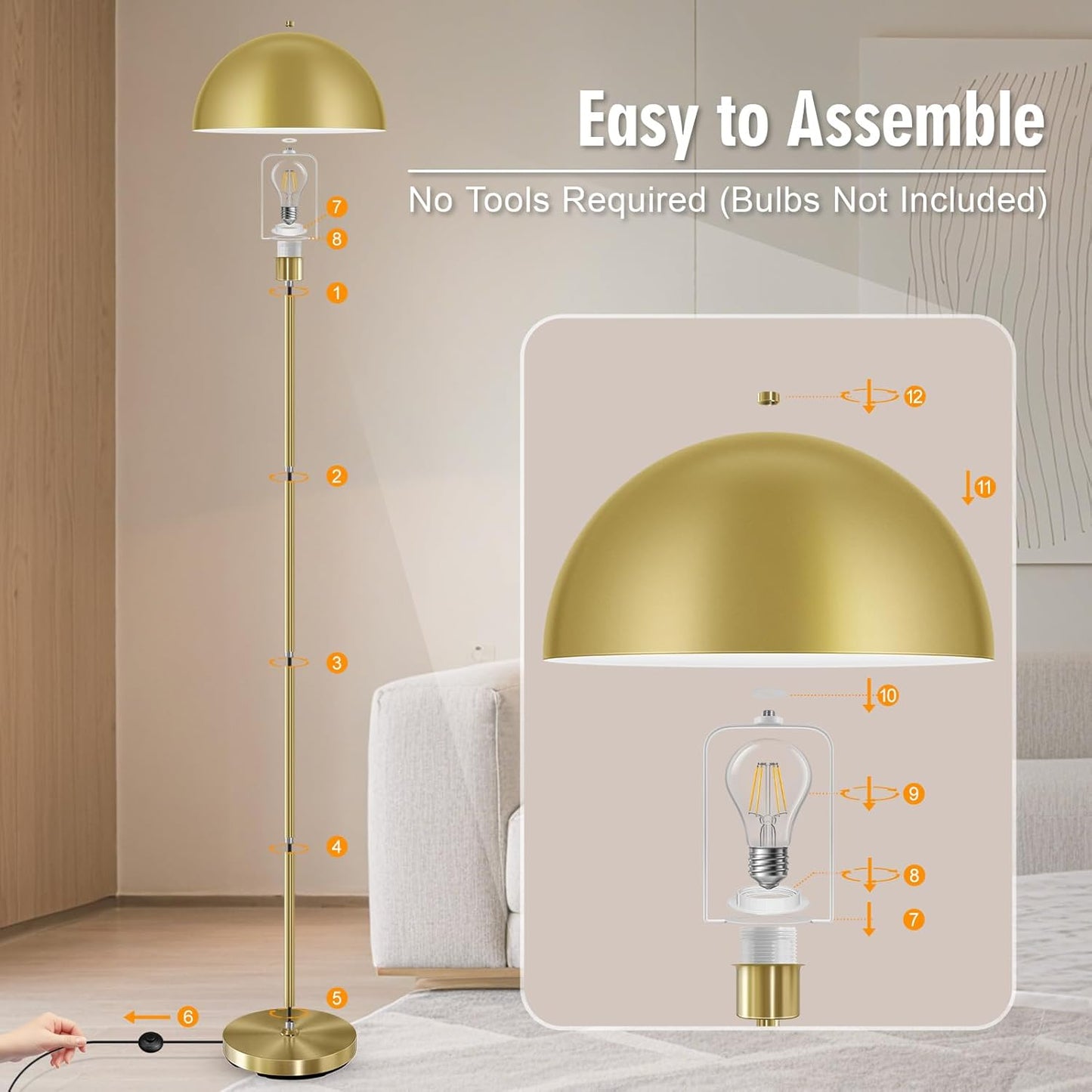 Industrial Floor Lamp, Brass Gold Floor Lamp for Living Room, 66Inch Tall Modern Standing Lamp, Stand Up Lamp with Metal Dome Shade, Mid Century Corner Reading Lamp for Bedroom Office Nursery, NO BULB