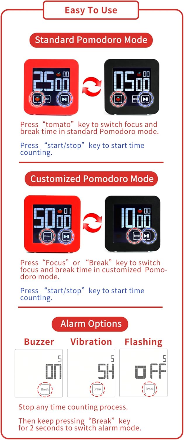 Fooocus Pomodoro Timer, Color Touch Screen, Preset/Custom Modes, Pomodoro Accumulation, Buzzer/Vibration/Flash Alarm for Work, Office, Study, Task, 25/5 min & Custom Countdown Cycle