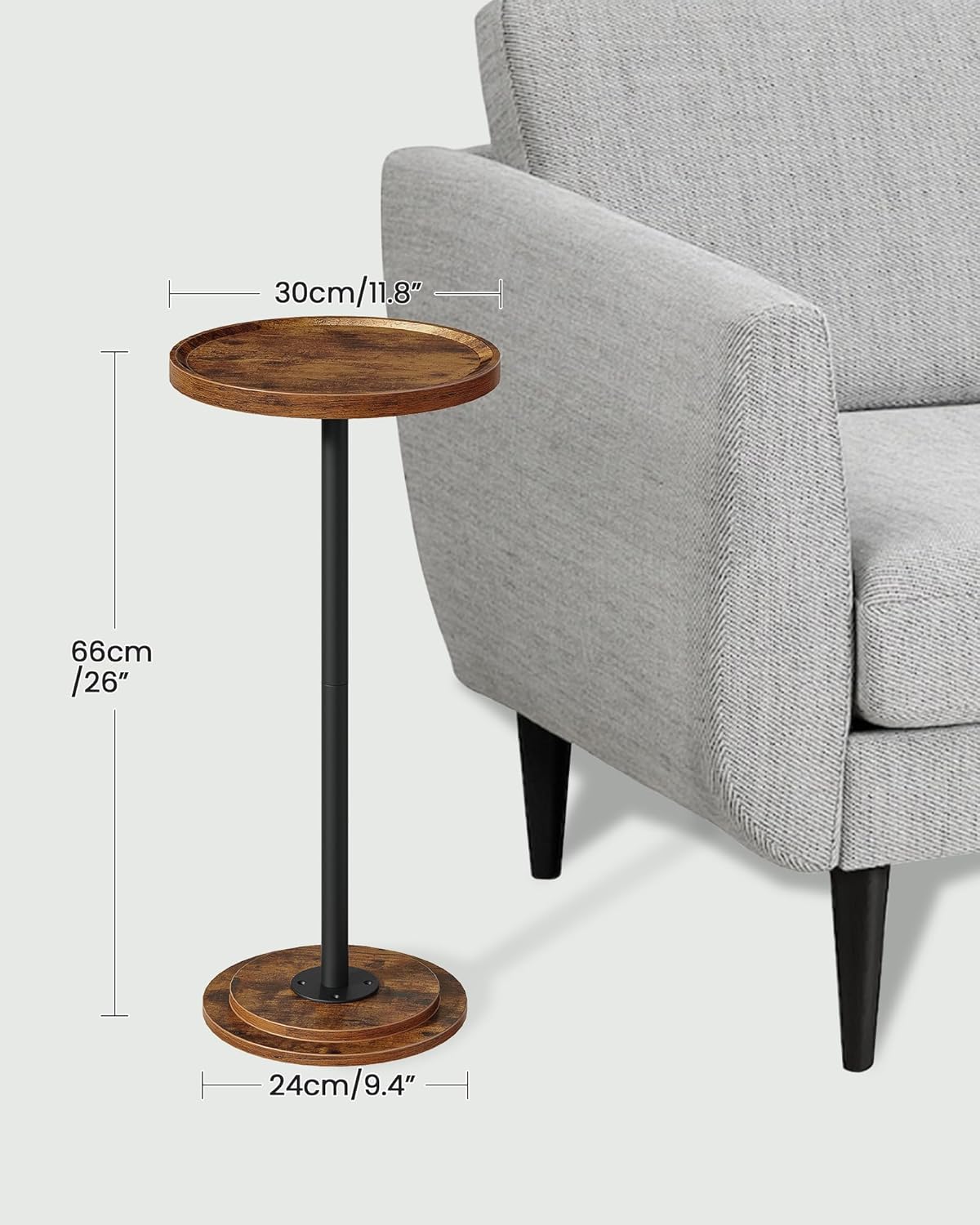 Drink Table, Small Round Side Table for Small Spaces, Thickened Base End Table, for Living Room, Bedroom, Rustic Brown and Black TBZ30BF