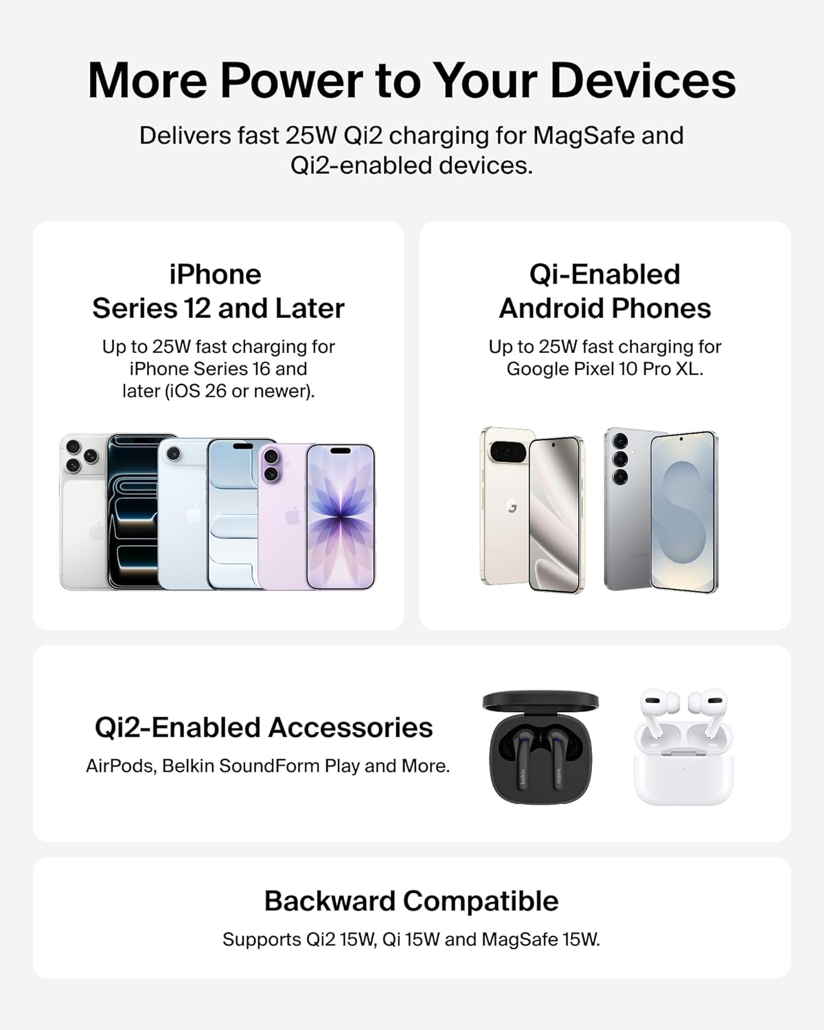 Belkin MagSafe Charger, Magnetic iPhone Charger w/ Qi2 25W, Fast Wireless Charging Pad w/Kickstand for iPhone 17 Series, Samsung Galaxy, Pixel 10, AirPods Pro, Travel - Adapter Included, White