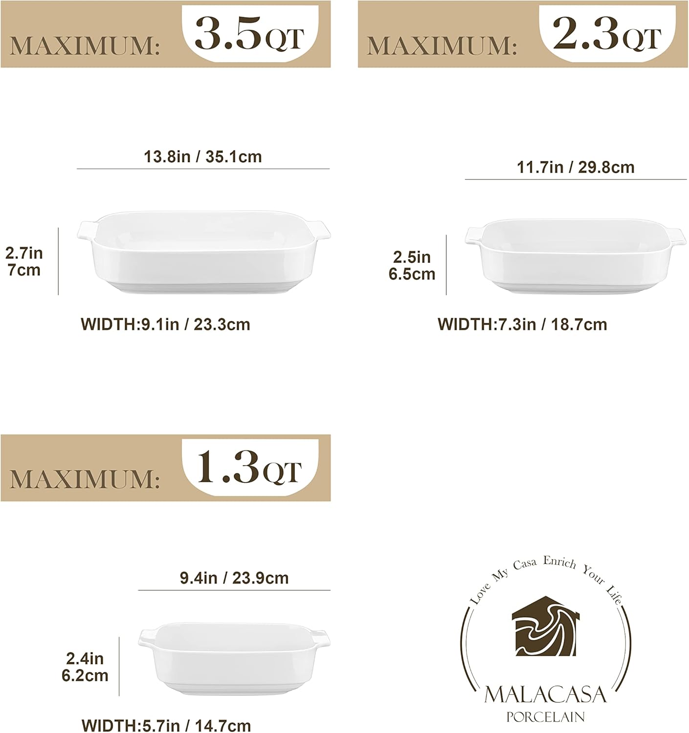 MALACASA Casserole Dishes for Oven, Ceramic Baking Dishes Set of 3, Rectangular Lasagna Pan Deep Baking Pans, Bakeware Sets with Handles Gift Set, White (13.8''/11.7''/9.4''), Series BAKE