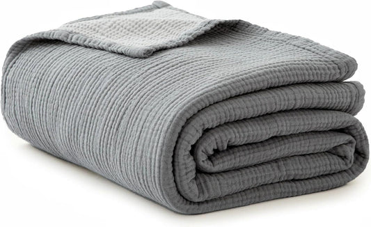 Simple&Opulence 100% Cotton Muslin Blanket King Size, Lightweight Breathable 4 Layering Gauze Blanket for Bed Couch Camping, Soft Bedspread Coverlet All-Season Use (Grey, 104" x 92")