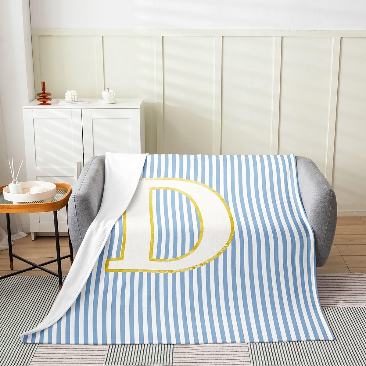 Manfei Initial Letter D Flannel Blanket for Kids Adults,Blue White Striped Flannel Fleece Blanket Queen 90"x90",Modern Aesthetic Stripe Lightweight Bed Blankets All Season Use