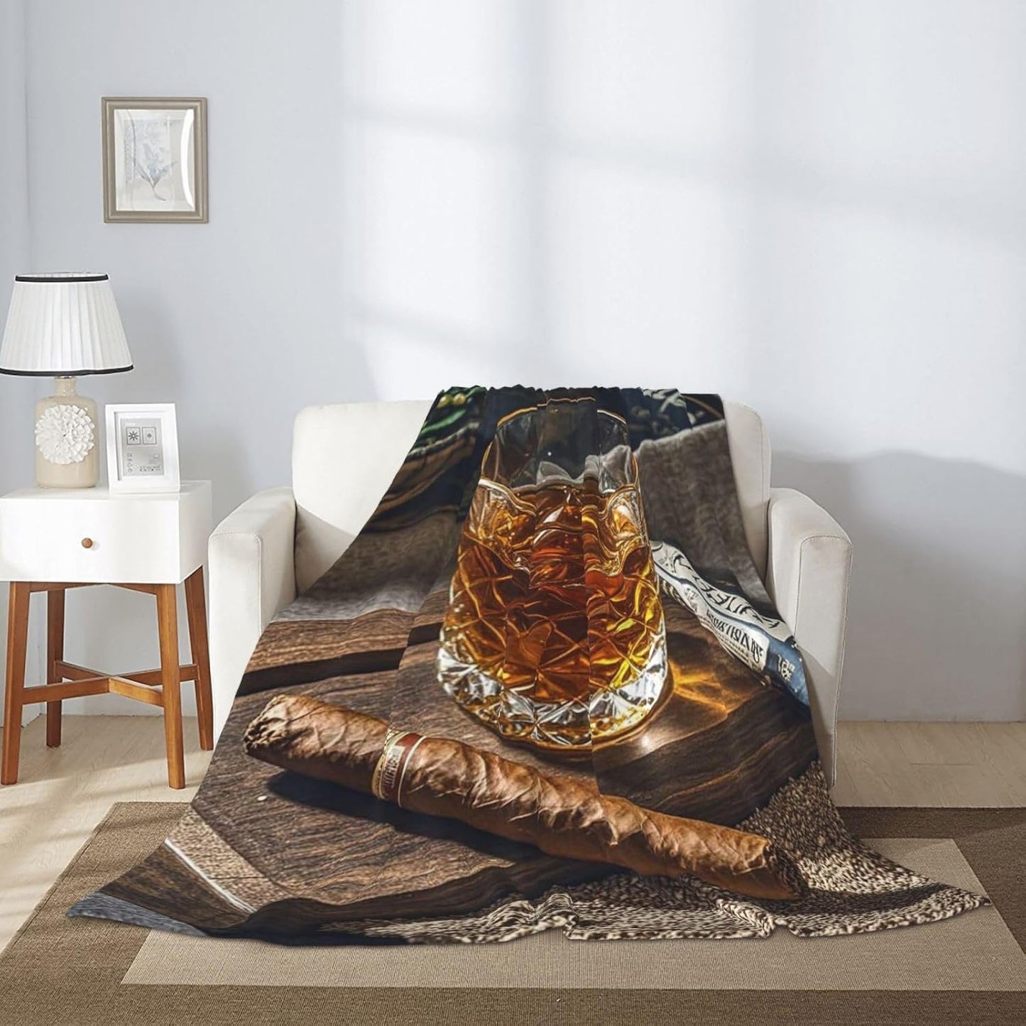 Throw Blanket Soft Cozy Bed Blanket 60"x50" Reversible Plush Blanket Cigar & Whiskey Flannel Blankets Warm Cozy Throws for Sofa Lightweight Blankets for Couch Bed