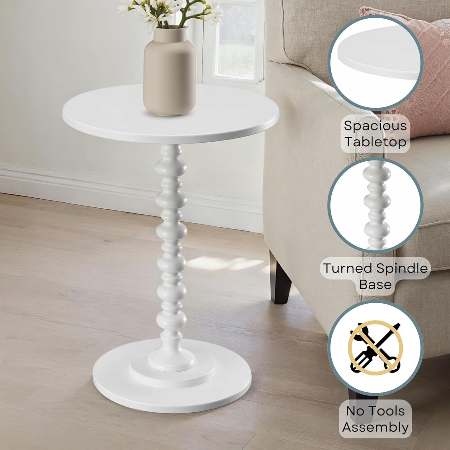 Convenience Concepts Palm Beach Spindle Table 17.75" - Traditional Round End Table for Living Room, Turned Solid Wood Side Table, Classic Display Pedestal Table, White