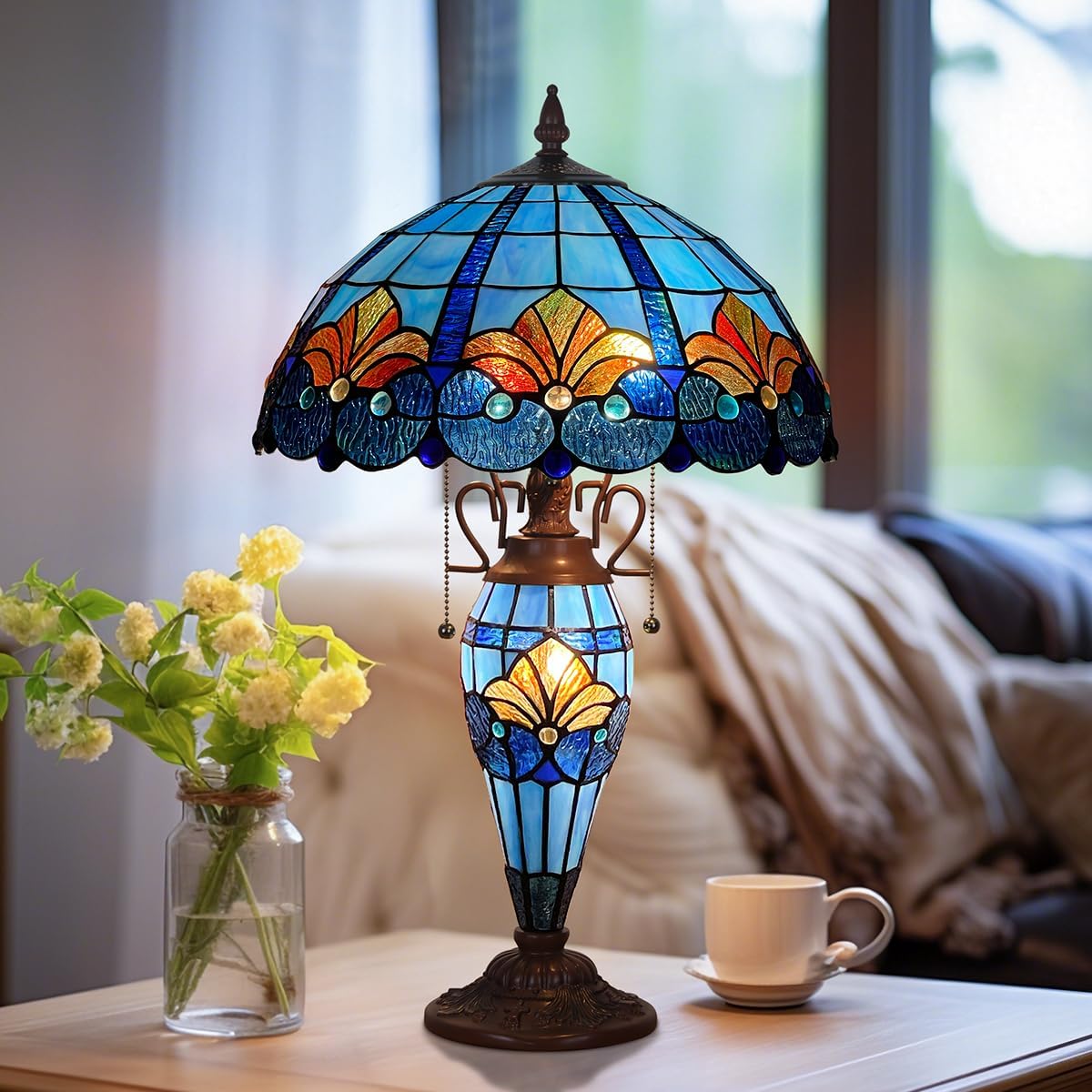 Tiffany Table lamp with nightlight,Blue Stained Glass Desk Light - Antique Style 16” Large 3-Lights Nightstand Bedside Reading Light for Living Room Bedroom Office
