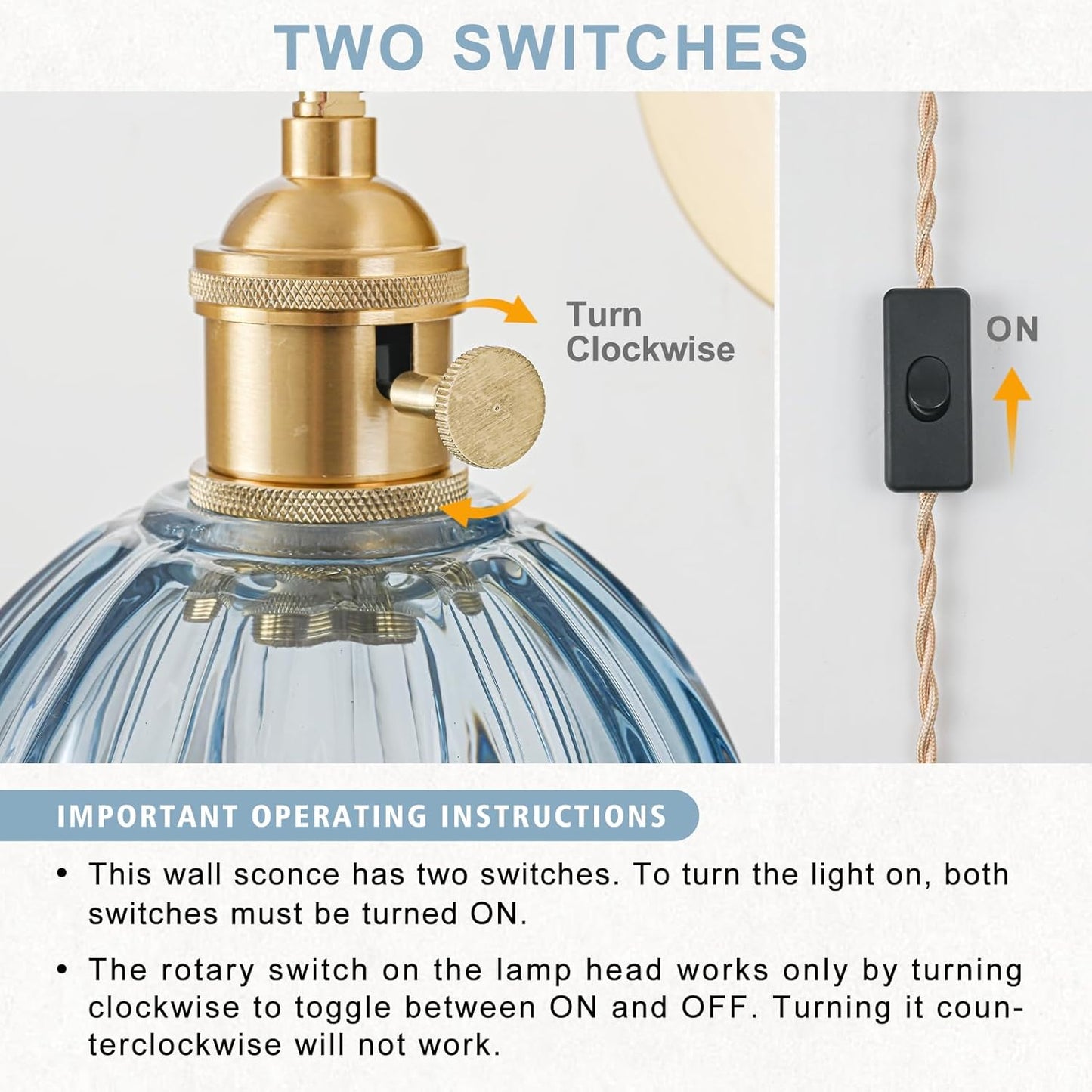 Plug in Wall Sconce, Vintage Sconce Light with Tulip Denim Blue Glass Lampshade, Bedside Wall Sconce with Switch and Plug in Wall Lamp Cord, Gold Wall Light for Bedroom