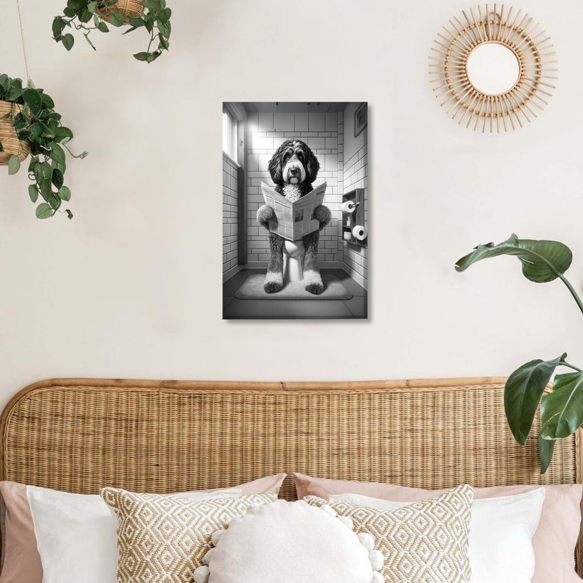 Funny Springer Spaniel Toilet Reading Newspaper Canvas Print Funny Animal Artwork Prints Aesthetic Posters Home Decor Bathroom Art Wall Decor Unframed12x18inch