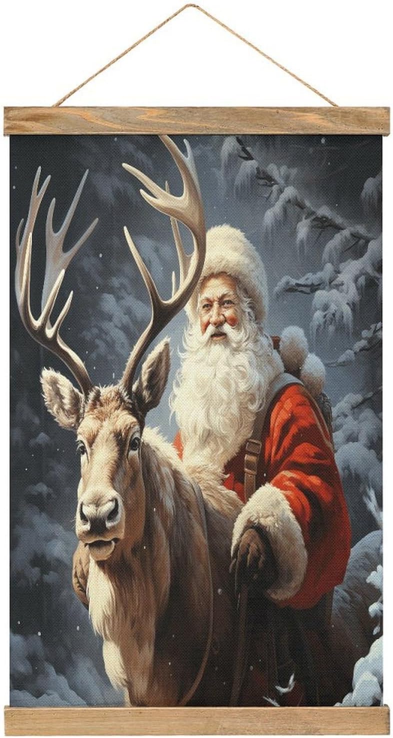Vintage Santa Claus And Deer Elk Poster with Wooden Frame Personalized Linen Hanging Scroll Painting Rustic Wall Hanging Illustrative Modern Artwork Decor for Home Living Room Bedroom Office